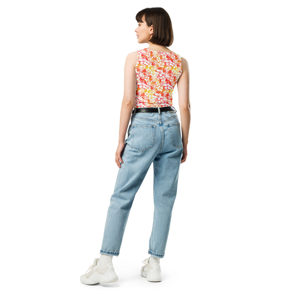 Women's Orange Tropical Floral Buttery Soft Crop Top- Quick-Drying UPF 50+ Stretch Top