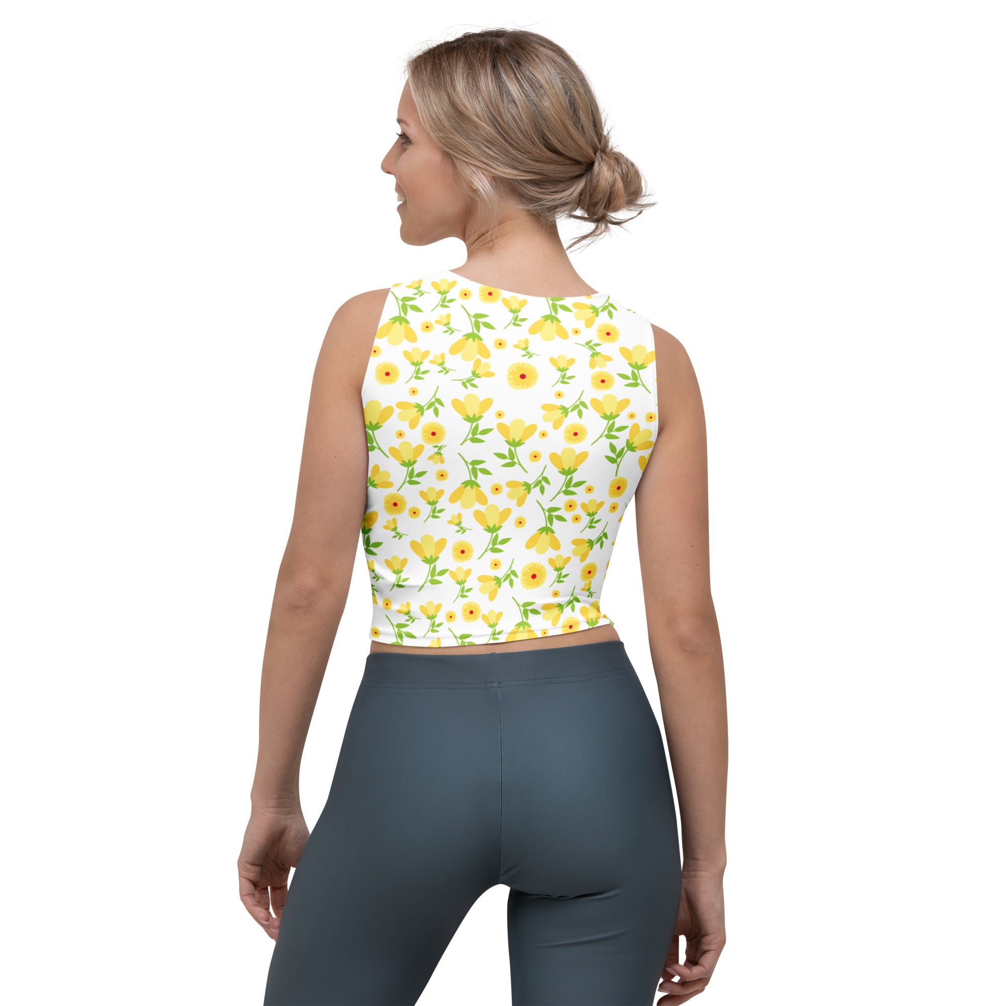 Women's Yellow Floral Daisy Buttery Soft Crop Top- Quick-Drying UPF 50+ Stretch Top