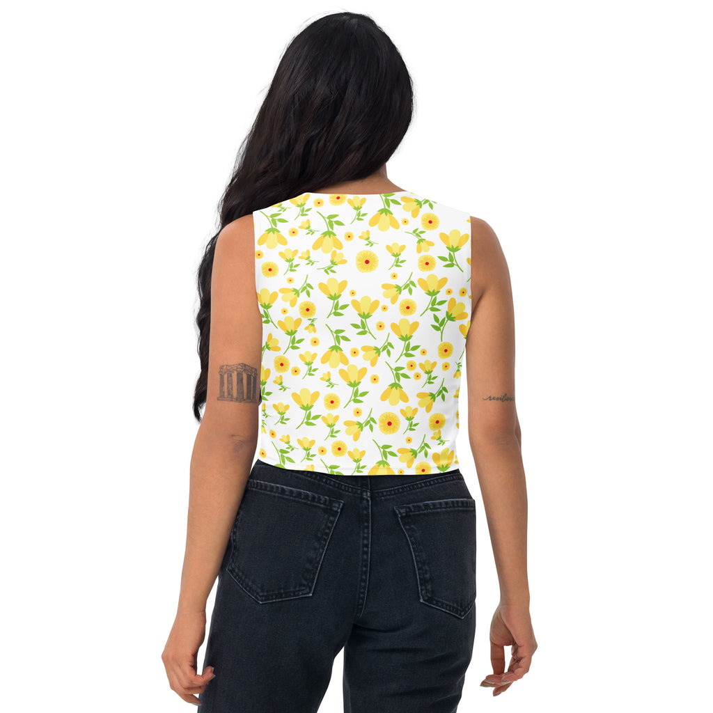 Women's Yellow Floral Daisy Buttery Soft Crop Top- Quick-Drying UPF 50+ Stretch Top
