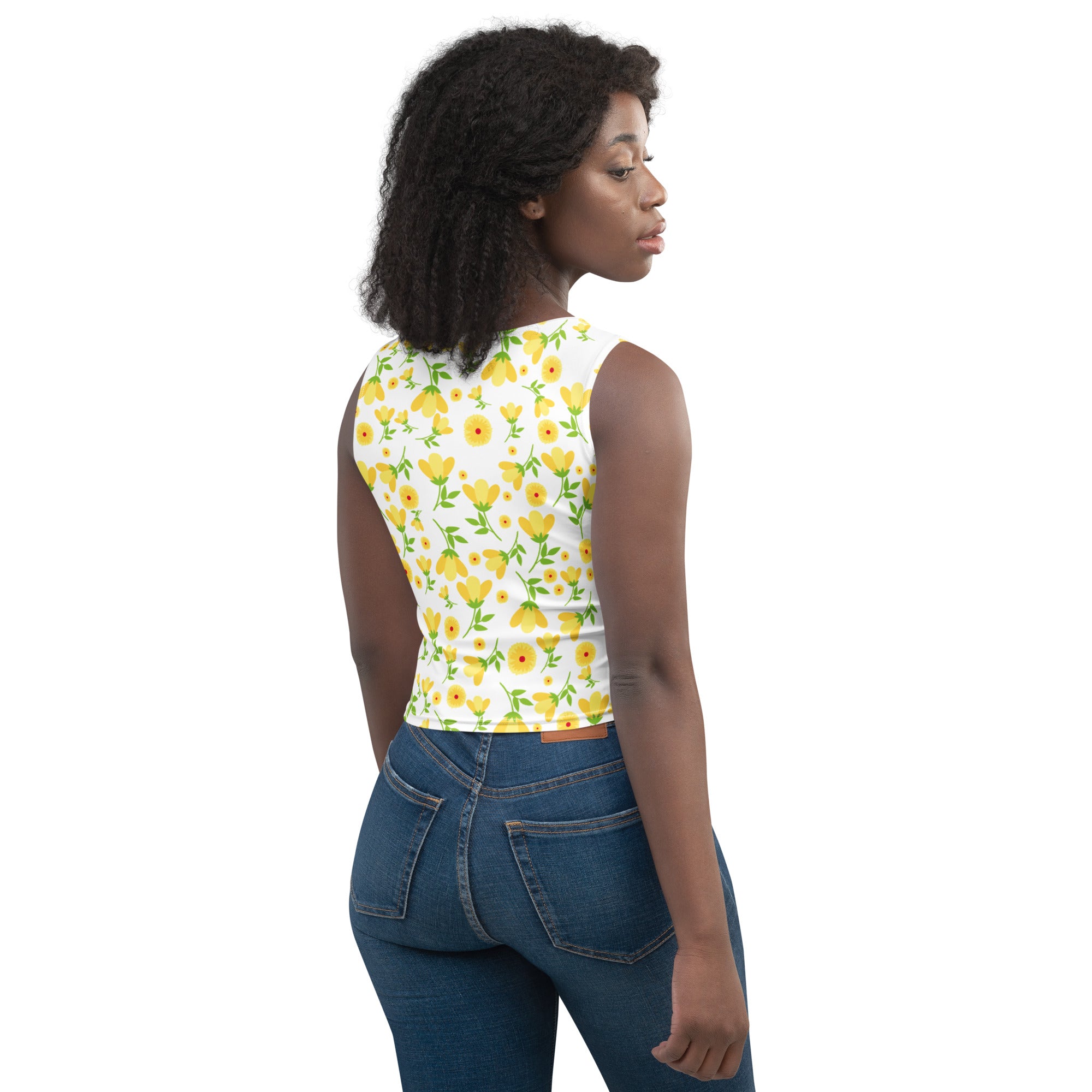 Women's Yellow Floral Daisy Buttery Soft Crop Top- Quick-Drying UPF 50+ Stretch Top
