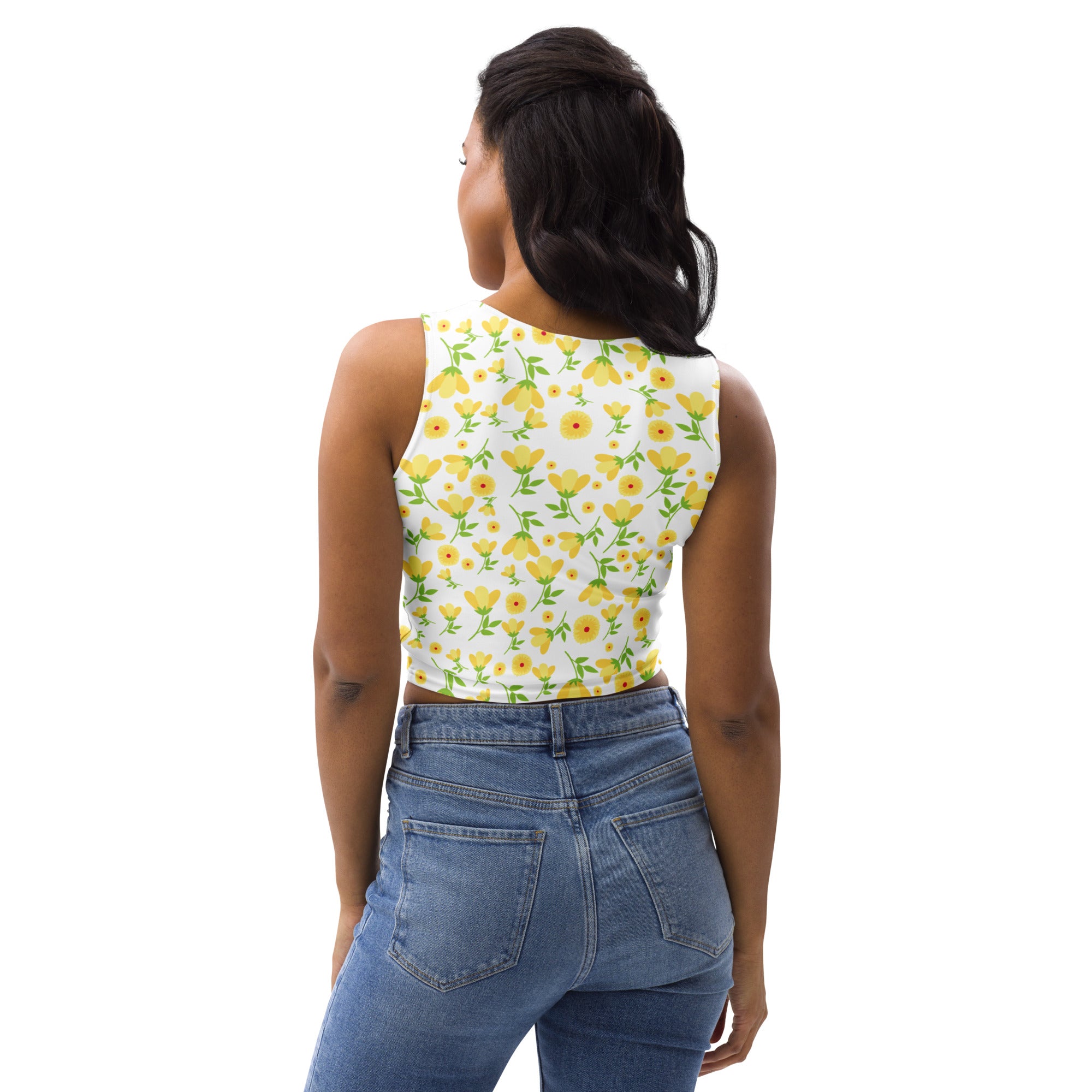 Women's Yellow Floral Daisy Buttery Soft Crop Top- Quick-Drying UPF 50+ Stretch Top