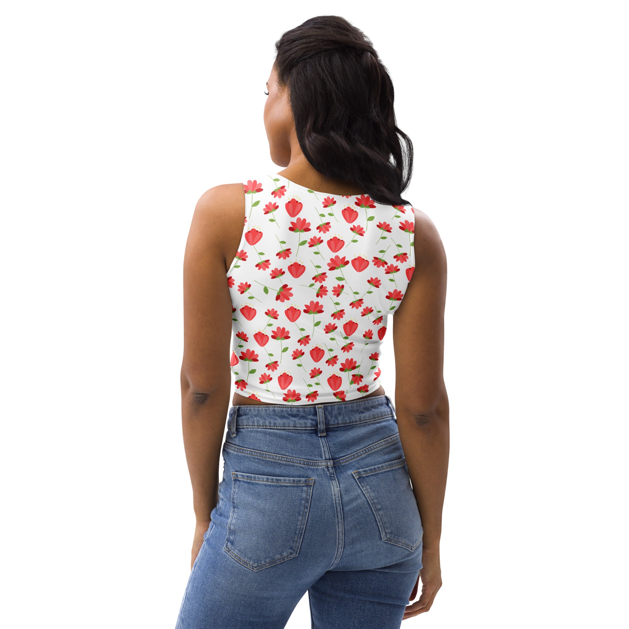 Women's Red Floral Daisy Buttery Soft Crop Top- Quick-Drying UPF 50+ Stretch Top