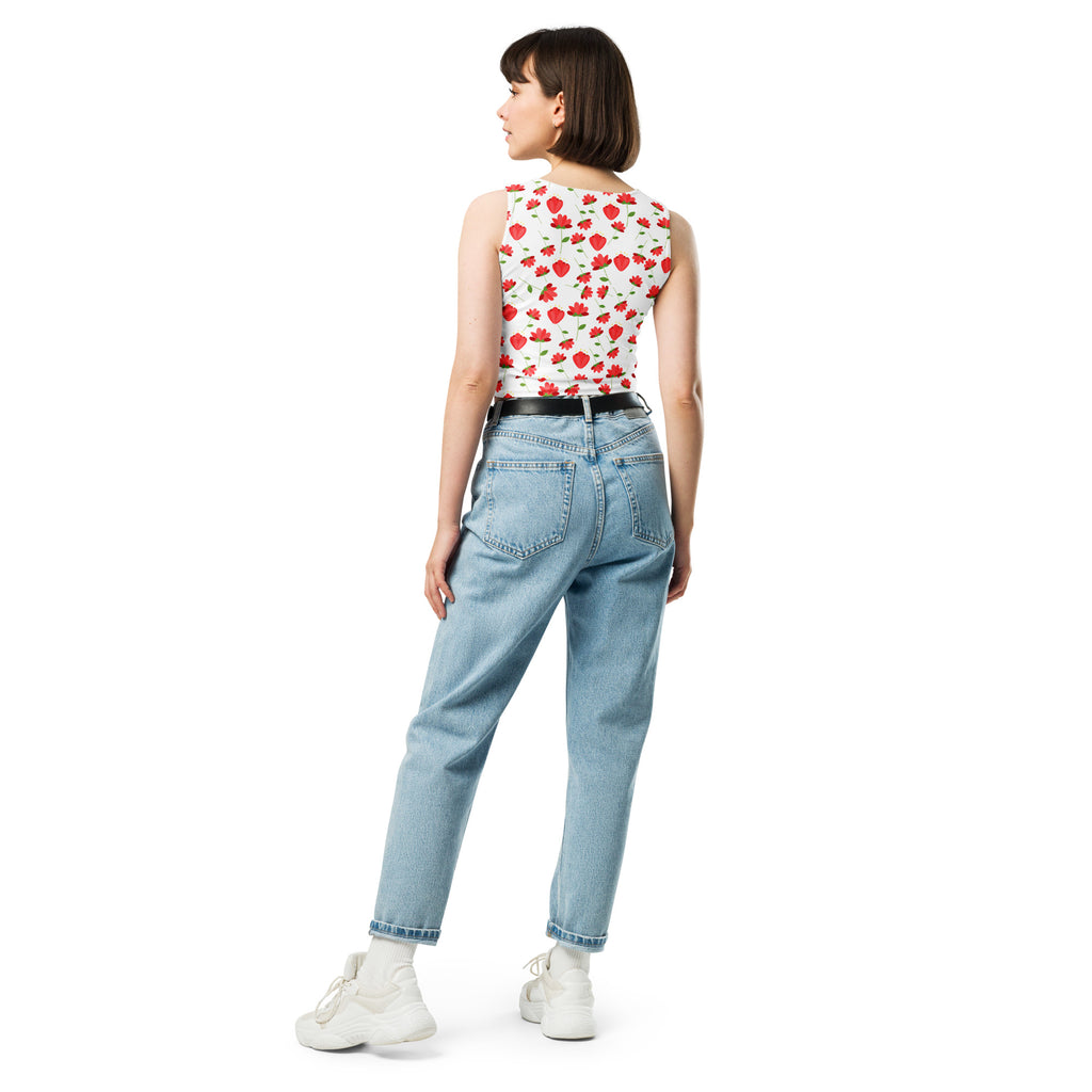 Women's Red Floral Daisy Buttery Soft Crop Top- Quick-Drying UPF 50+ Stretch Top