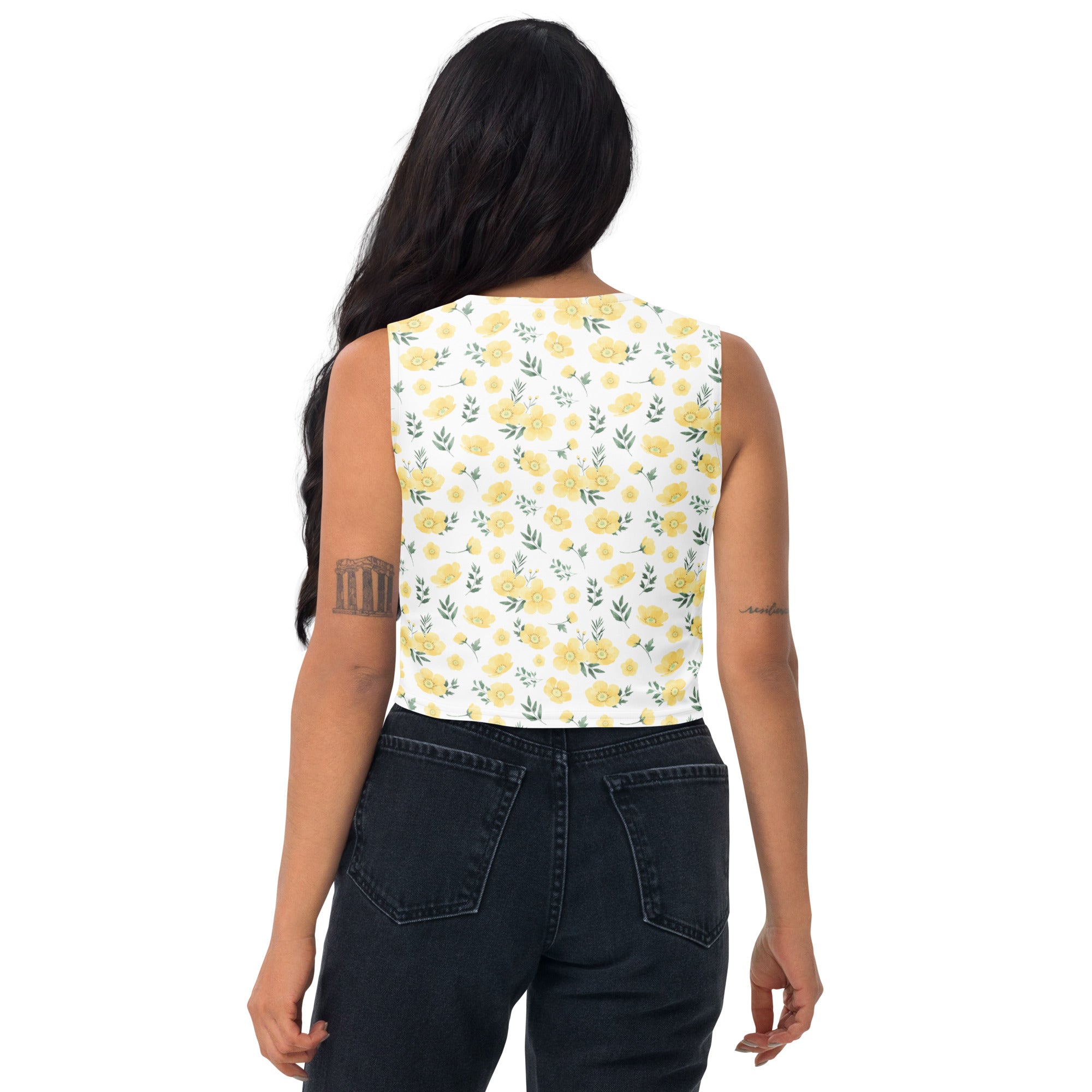 Women's Yellow Wildflower Buttery Soft Crop Top- Quick-Drying UPF 50+ Stretch Top