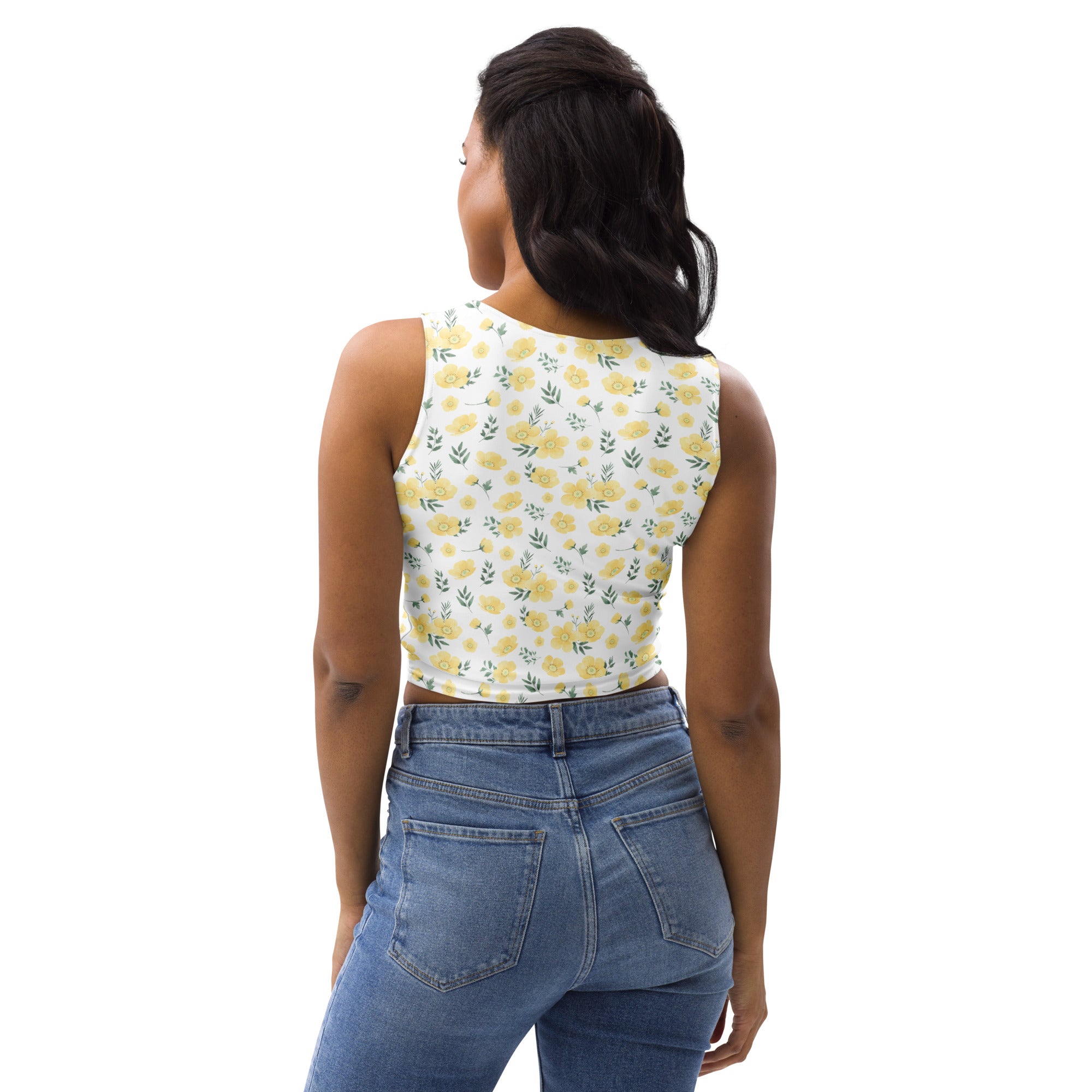 Women's Yellow Wildflower Buttery Soft Crop Top- Quick-Drying UPF 50+ Stretch Top