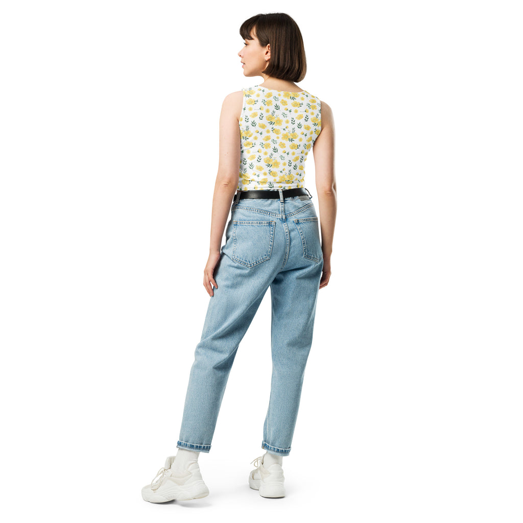 Women's Yellow Wildflower Buttery Soft Crop Top- Quick-Drying UPF 50+ Stretch Top