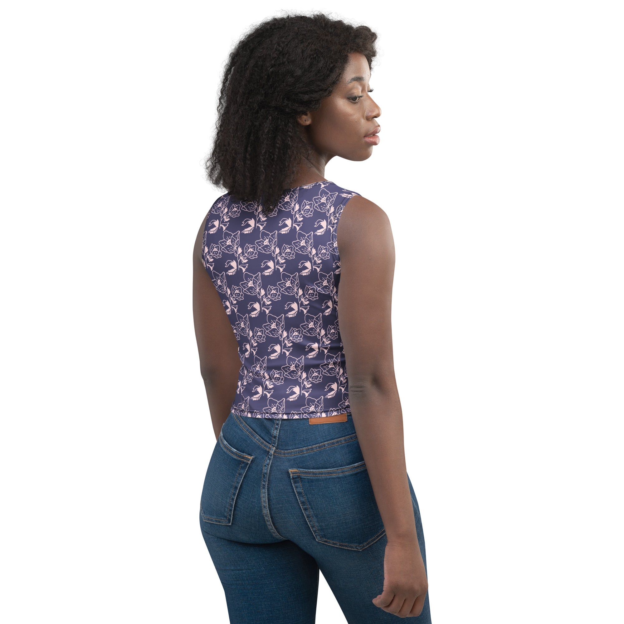 Women's Navy Purple Floral Buttery Soft Crop Top- Quick-Drying UPF 50+ Stretch Top