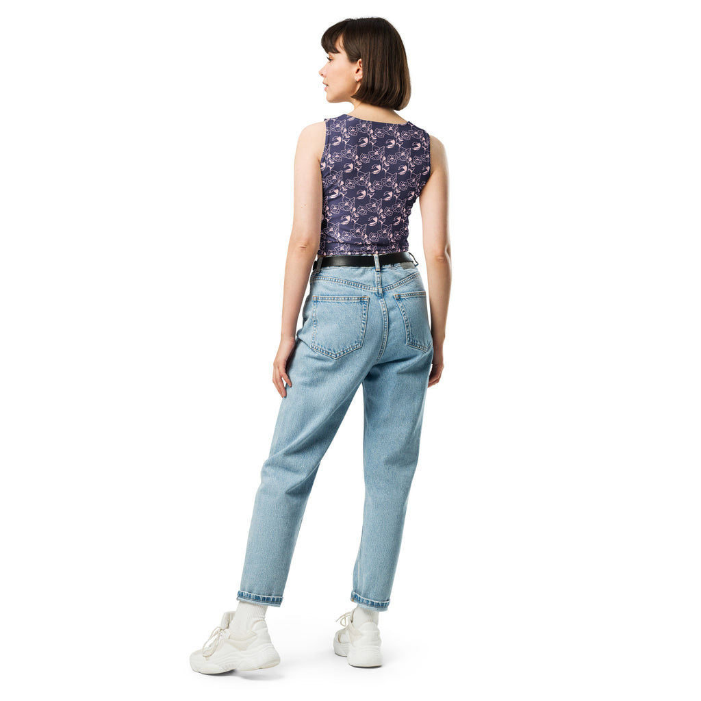 Women's Navy Purple Floral Buttery Soft Crop Top- Quick-Drying UPF 50+ Stretch Top