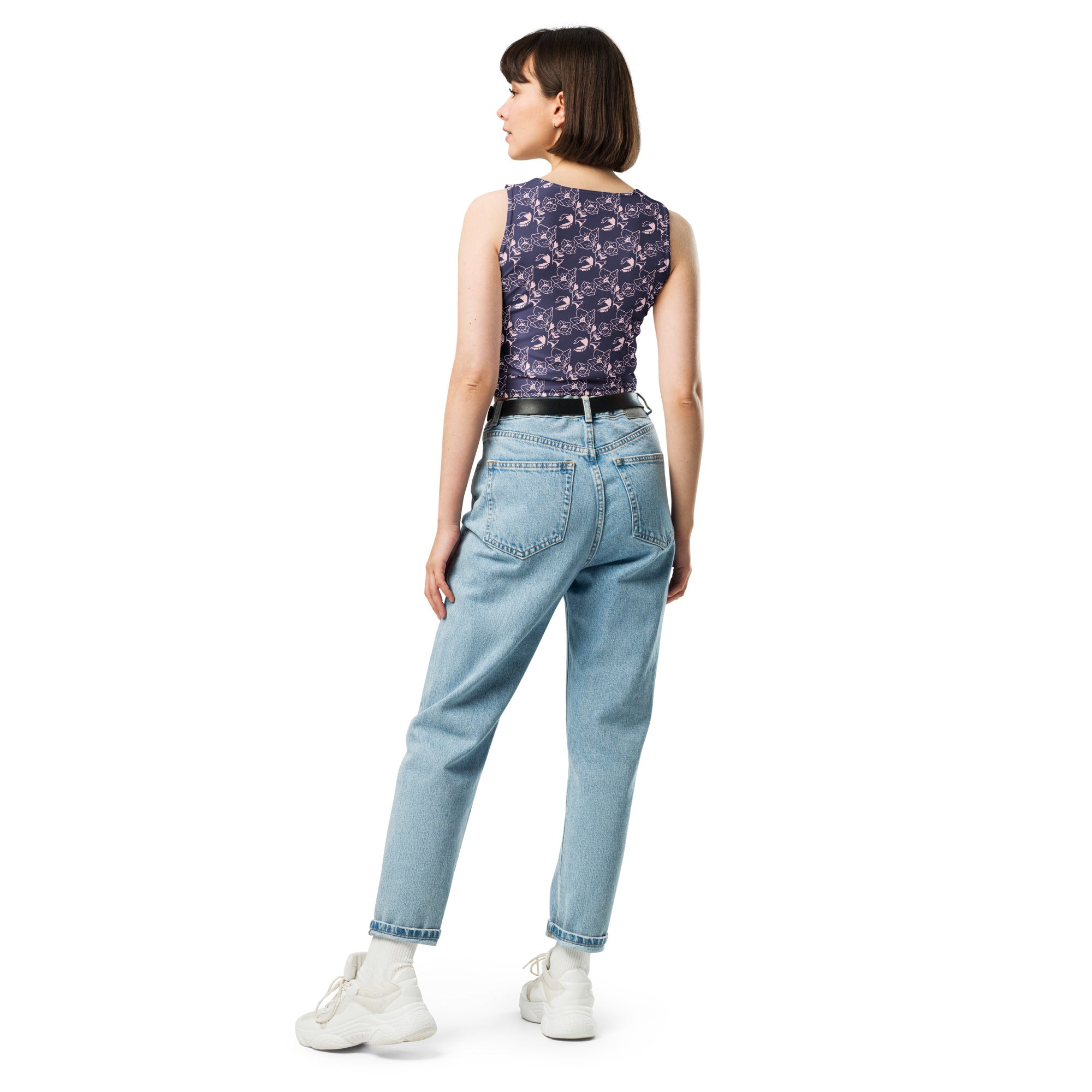 Women's Navy Purple Floral Buttery Soft Crop Top- Quick-Drying UPF 50+ Stretch Top