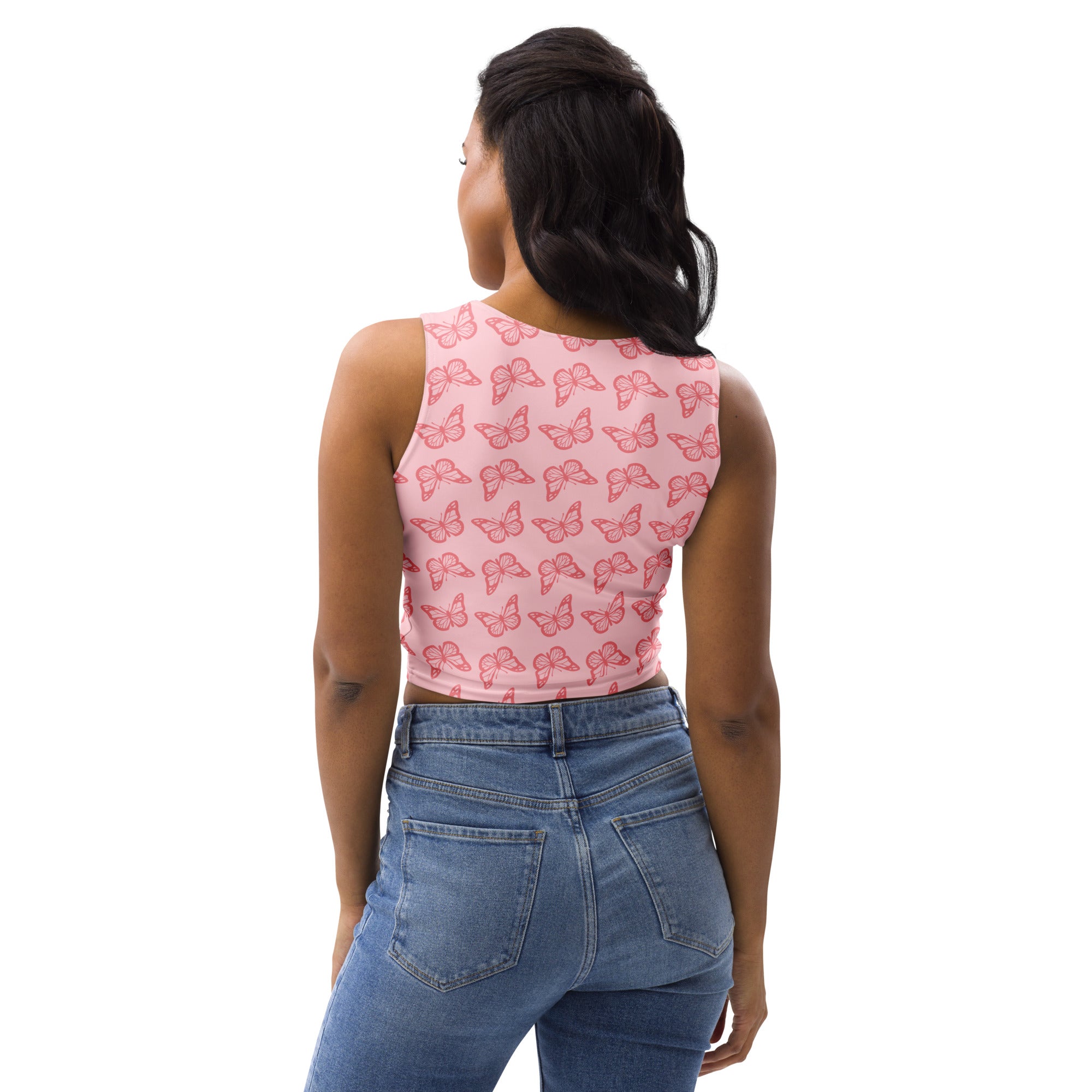 Women's Pink Butterfly Buttery Soft Crop Top- Quick-Drying UPF 50+ Stretch Top