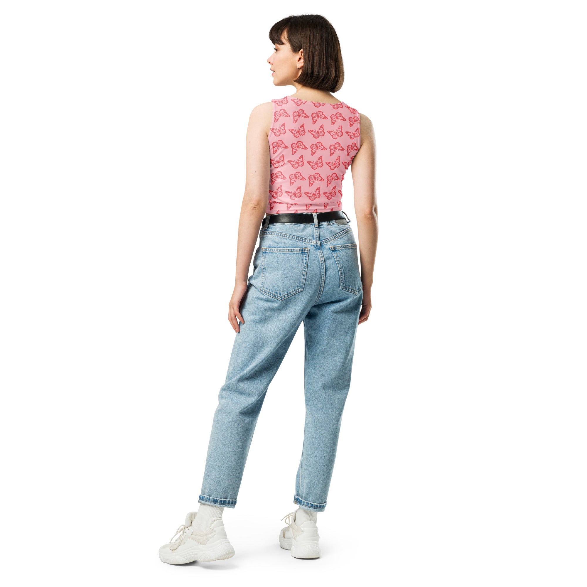 Women's Pink Butterfly Buttery Soft Crop Top- Quick-Drying UPF 50+ Stretch Top
