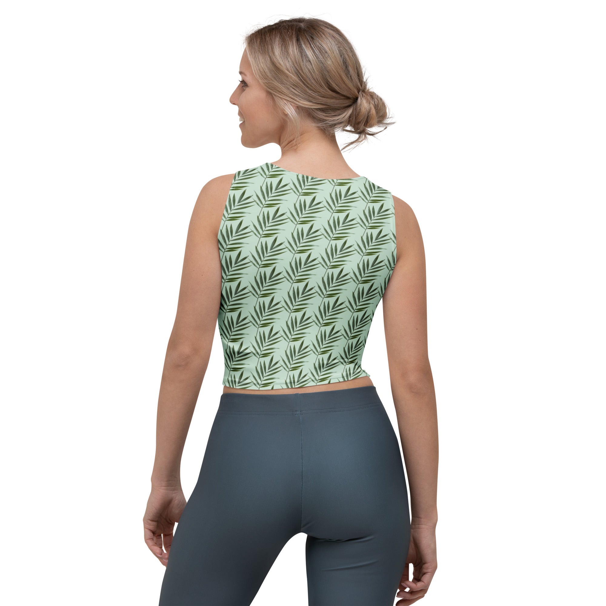 Women's Sage Palm Leaf Buttery Soft Crop Top- Quick-Drying UPF 50+ Stretch Top