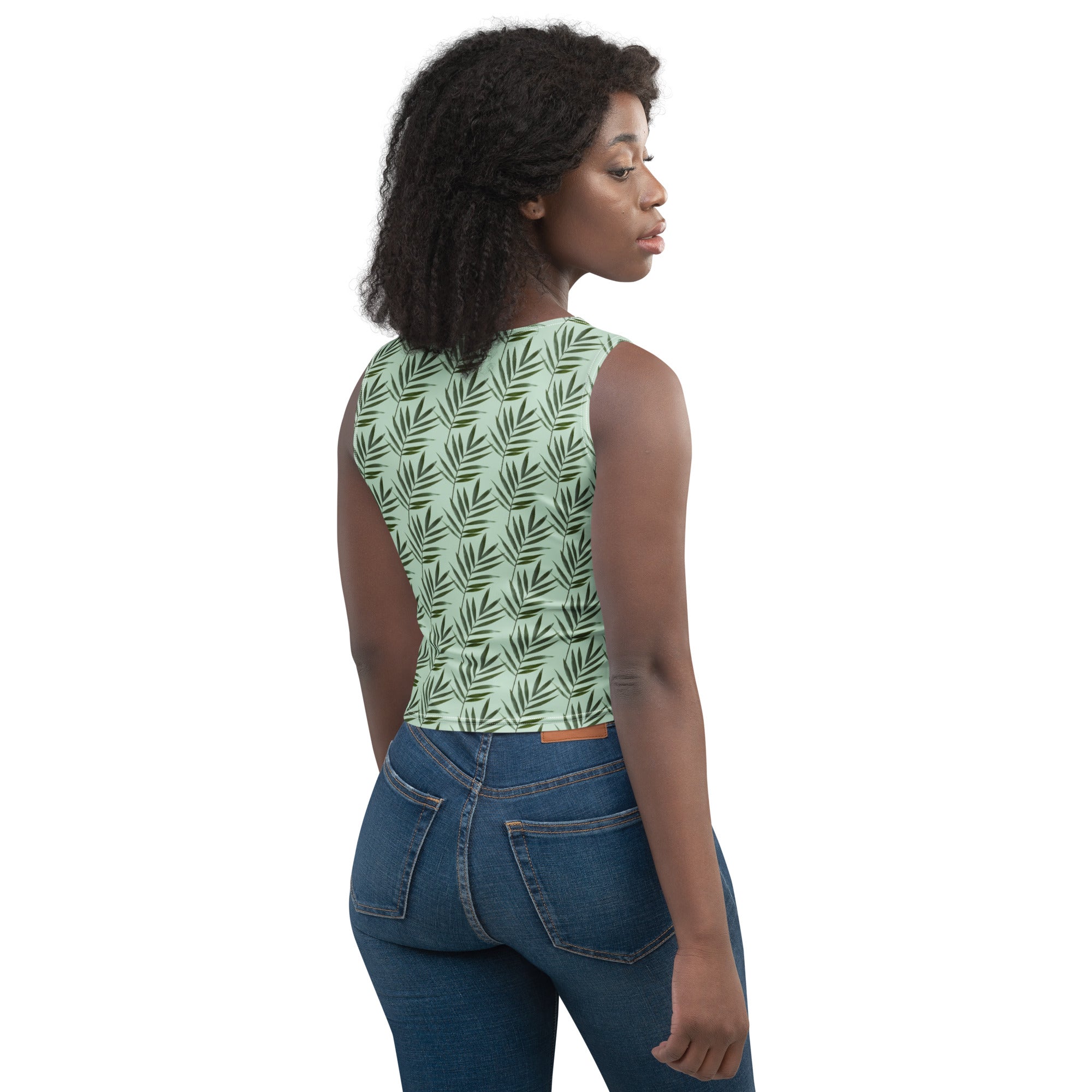 Women's Sage Palm Leaf Buttery Soft Crop Top- Quick-Drying UPF 50+ Stretch Top