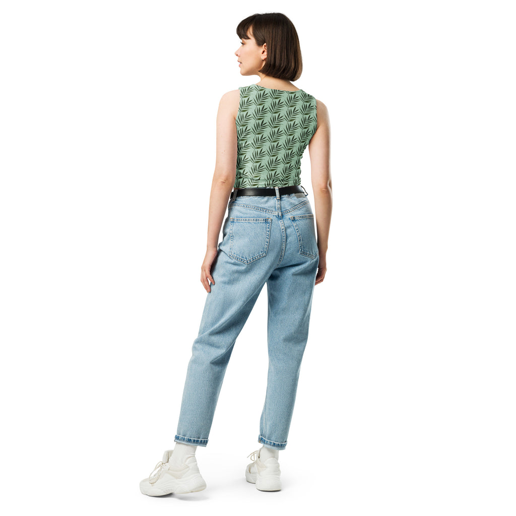 Women's Sage Palm Leaf Buttery Soft Crop Top- Quick-Drying UPF 50+ Stretch Top
