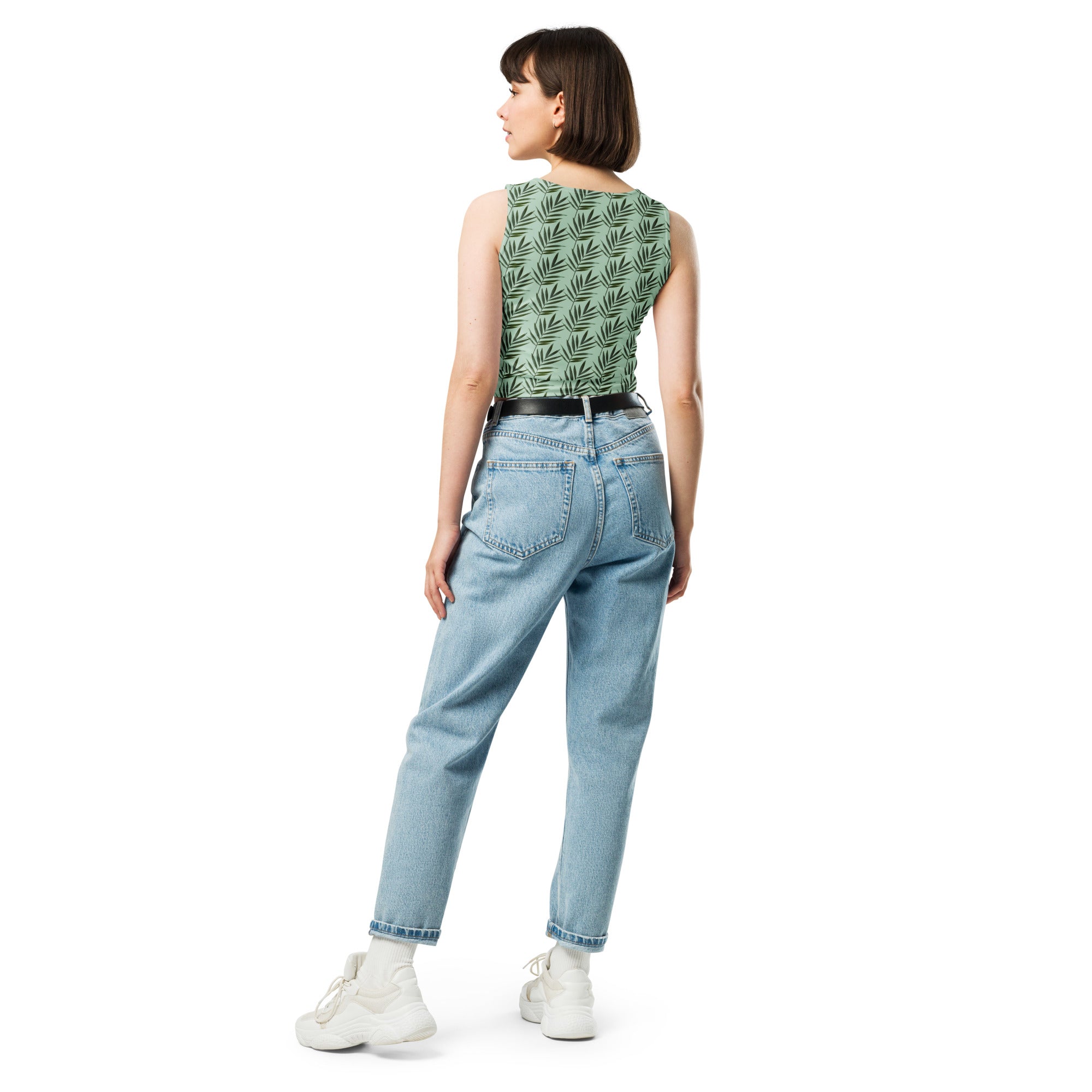 Women's Sage Palm Leaf Buttery Soft Crop Top- Quick-Drying UPF 50+ Stretch Top