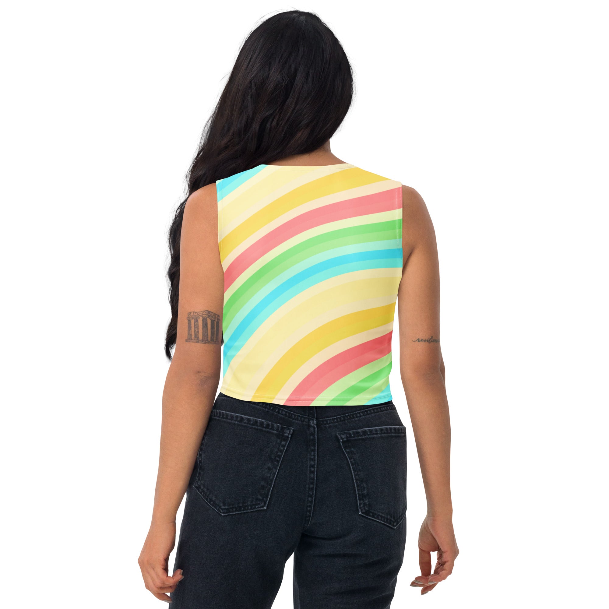 Women's Curved Rainbow Stripe Buttery Soft Crop Top- Quick-Drying UPF 50+ Stretch To
