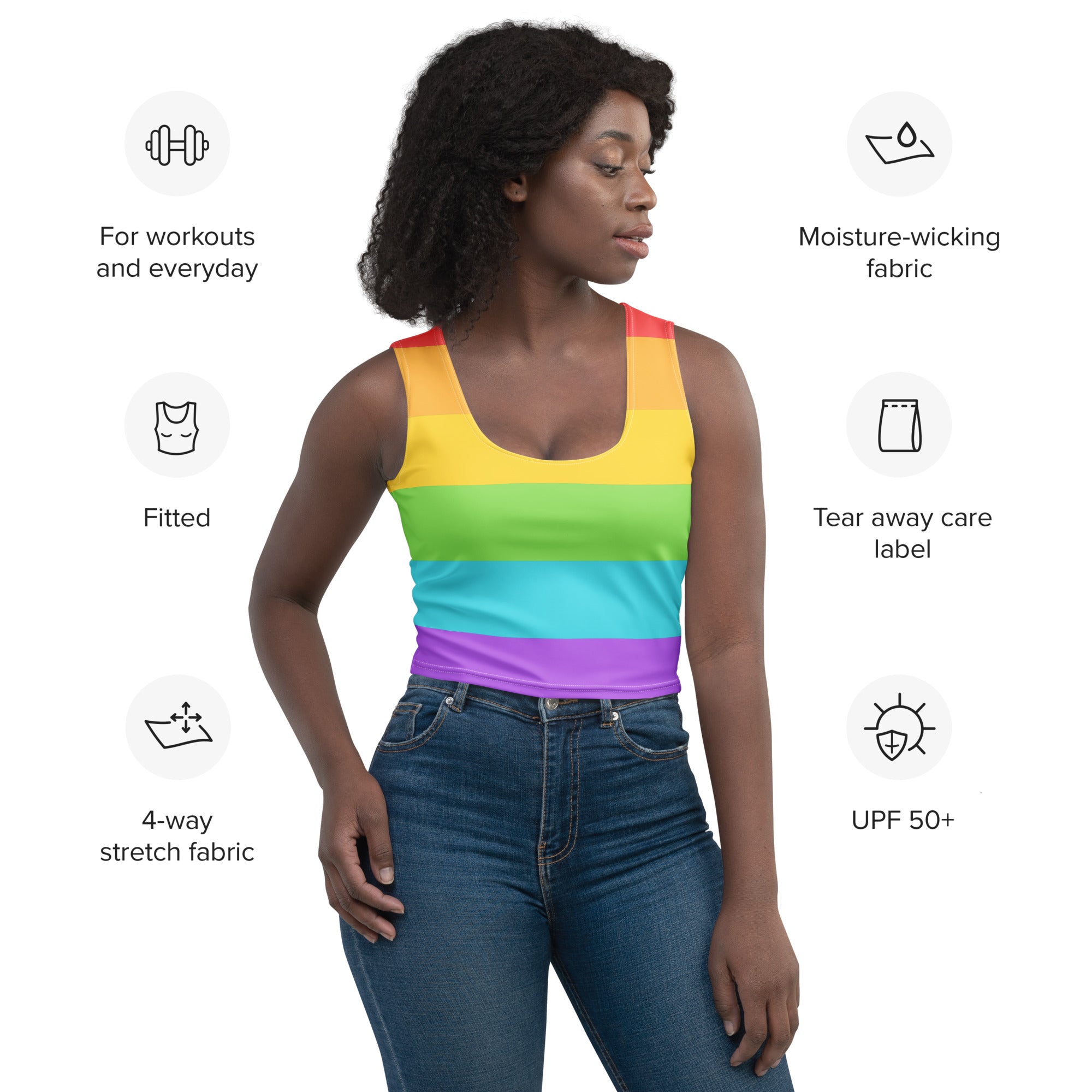Women’s pride flag rainbow buttery soft crop top in rainbow stripes fitted with moisture-wicking 4-way stretch fabric and upf 50+ protection