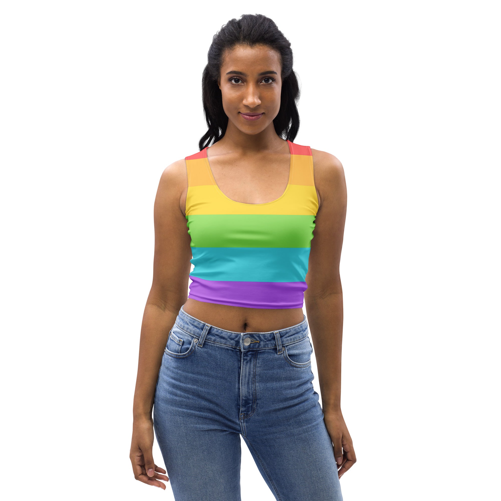 Women’s pride flag rainbow buttery soft crop top with rainbow stripes scoop neckline and sleeveless design
