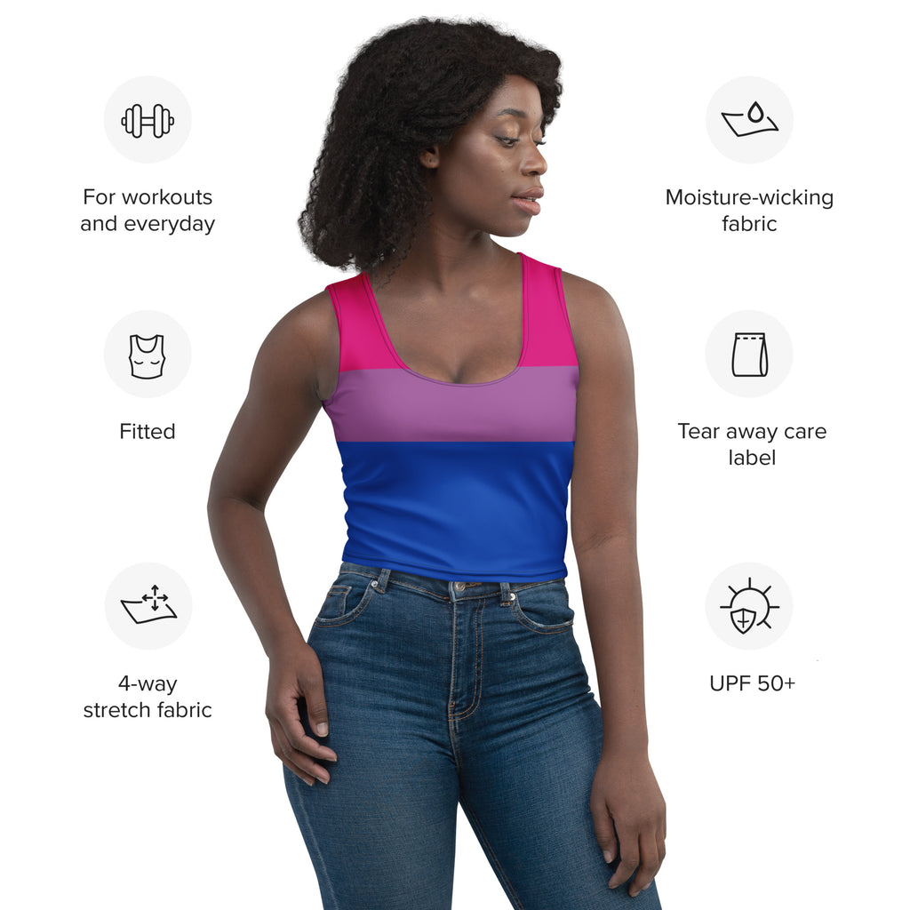Women’s fitted buttery soft crop top with bi-gender pride colors made from moisture-wicking 4-way stretch fabric