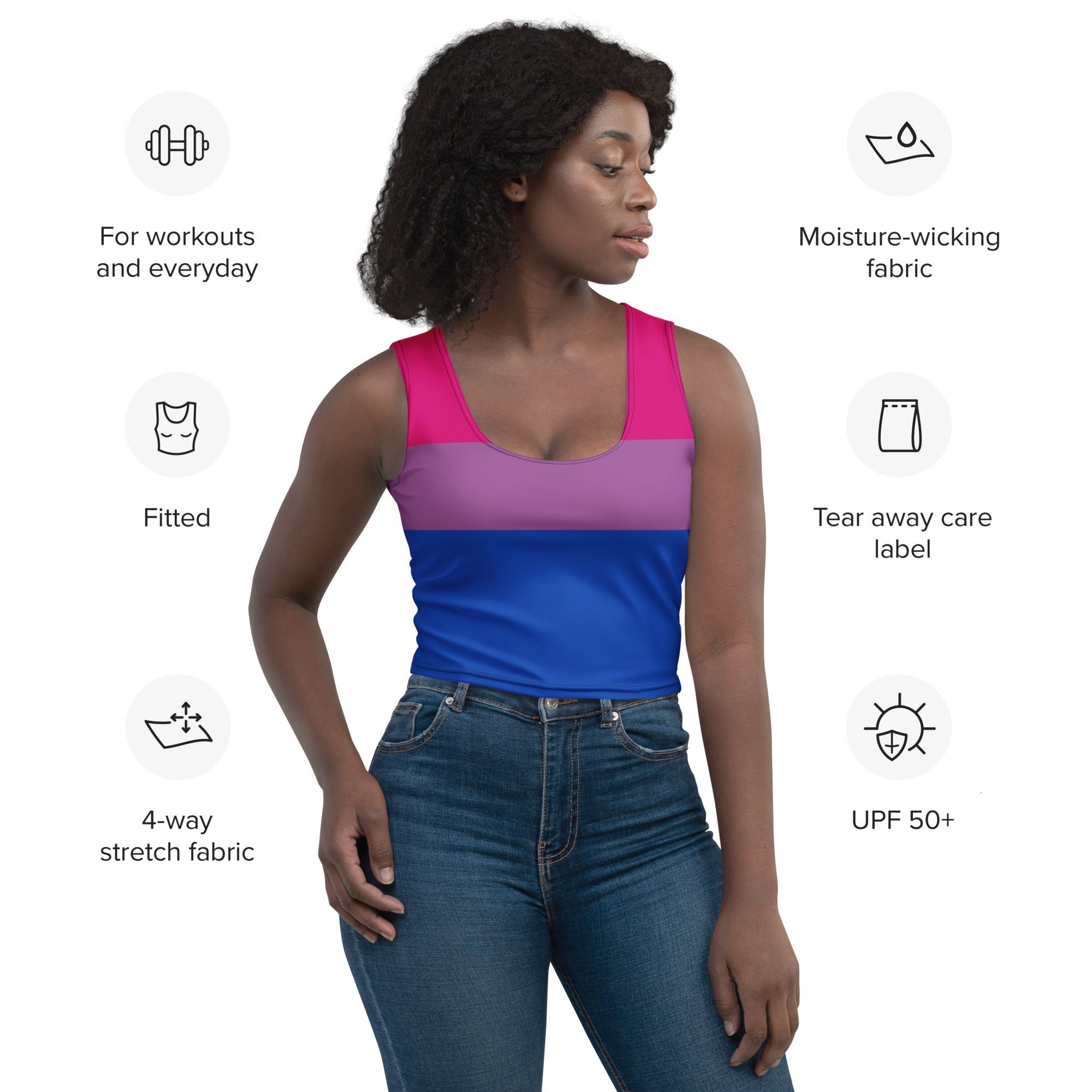 Women’s fitted buttery soft crop top with bi-gender pride colors made from moisture-wicking 4-way stretch fabric