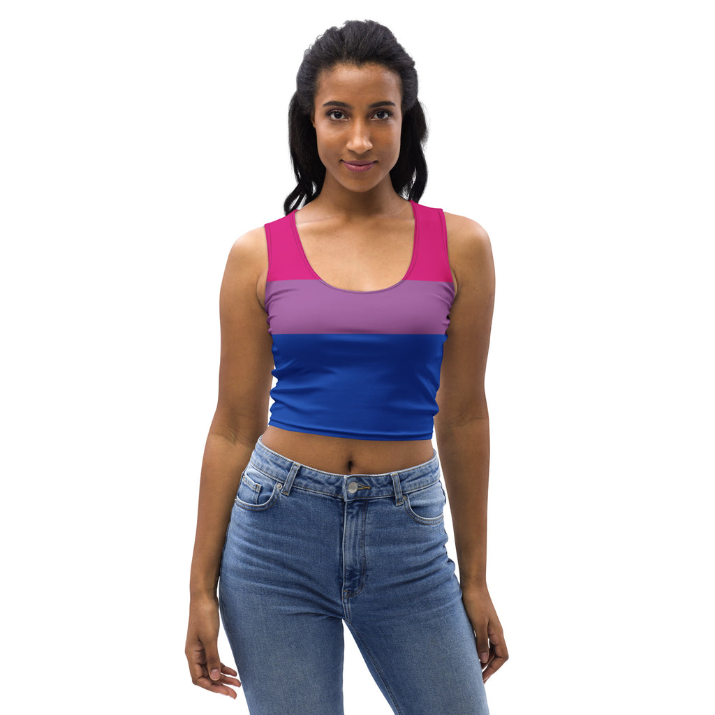 Women’s bisexual flag buttery soft crop top in vibrant magenta purple and blue stripes with smooth stretchy fabric