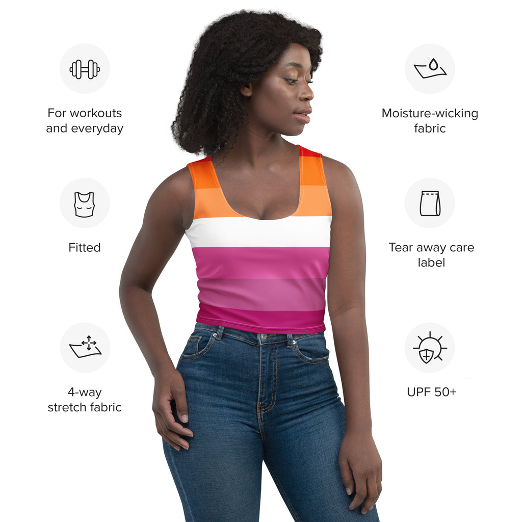 Women’s lesbian flag buttery soft crop top fitted sleeveless tank with orange white pink stripes and moisture-wicking fabric