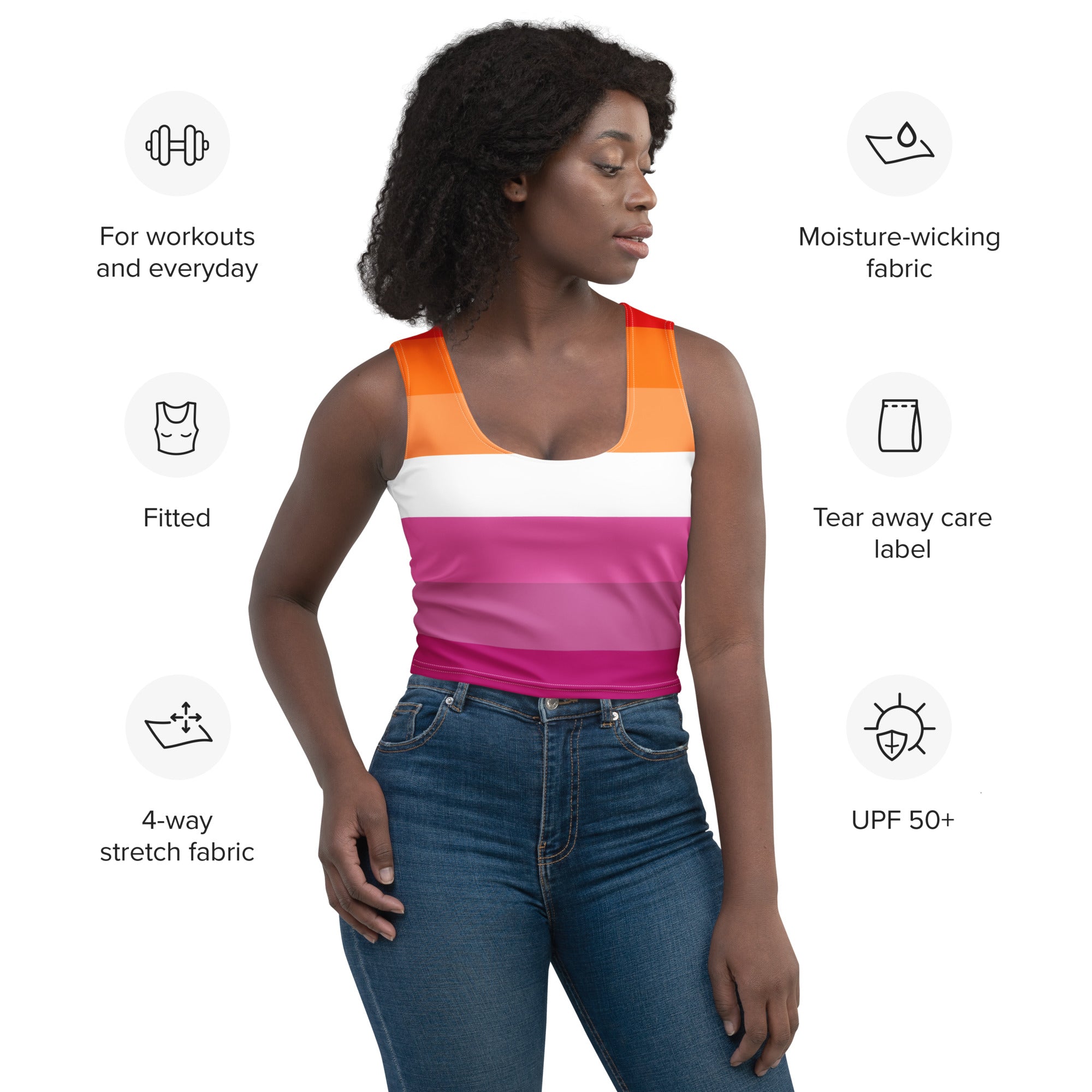 Women’s lesbian flag buttery soft crop top fitted sleeveless tank with orange white pink stripes and moisture-wicking fabric