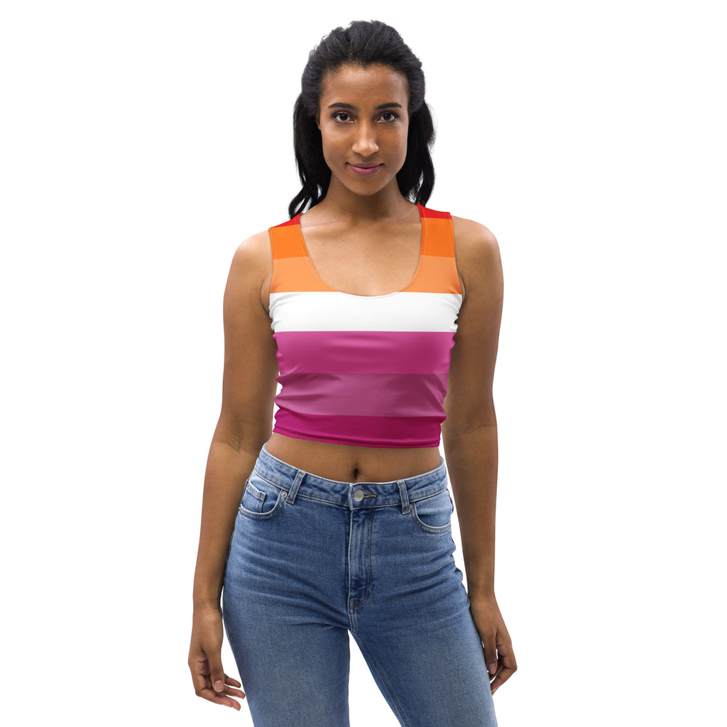 Women’s lesbian flag buttery soft crop top with orange white and magenta horizontal striped gradient design
