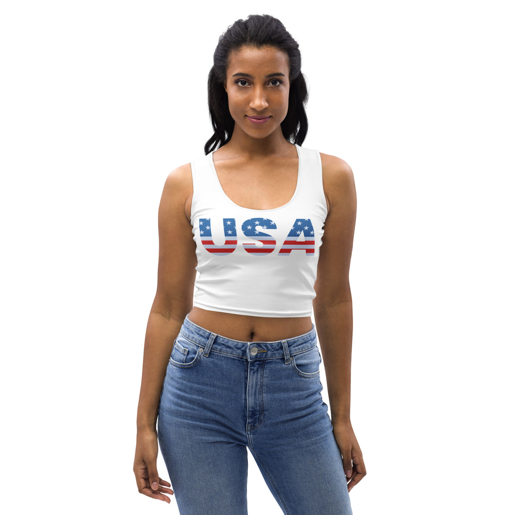 White buttery soft cropped tank top with usa stars and stripes design in red white and blue for women