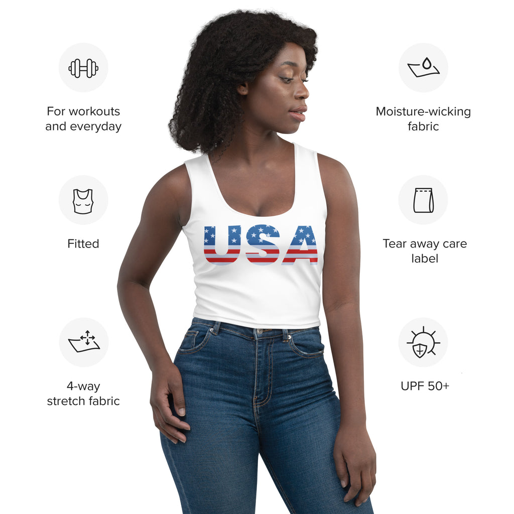 Women’s USA buttery soft crop top in white fitted tank style with usa flag design in red white and blue