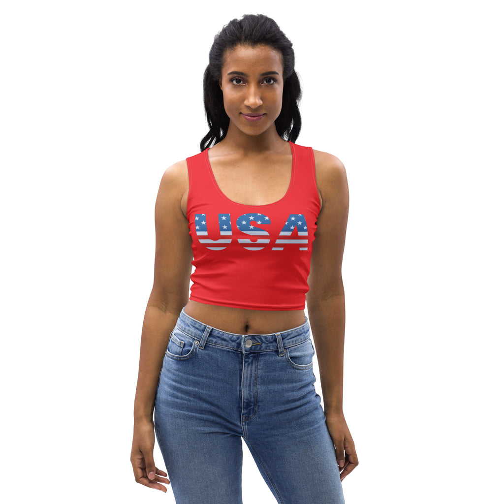 Women’s buttery soft red cropped tank top with usa printed in a patriotic flag design for casual wear