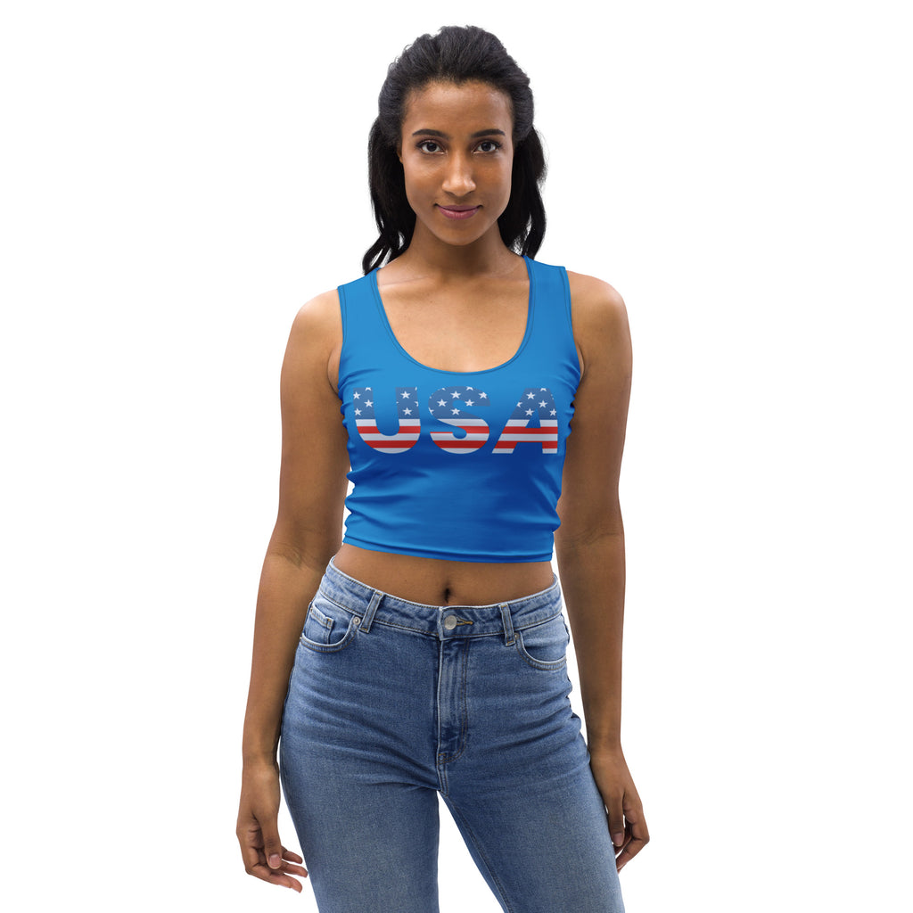 Blue buttery soft cropped tank top featuring usa flag stars and stripes design on the front for women