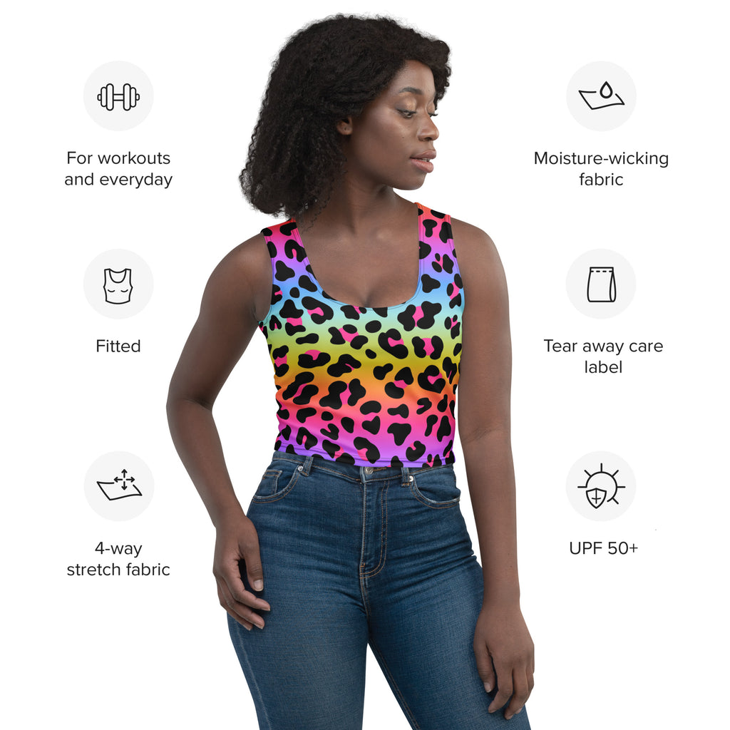 Women’s pride rainbow leopard fitted tank top made from moisture-wicking 4-way stretch buttery soft fabric