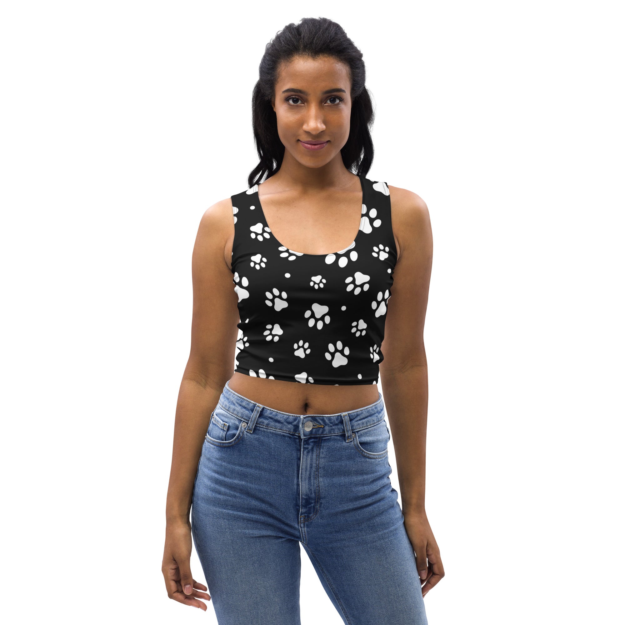 Black buttery soft women’s crop top with white paw print pattern ideal for casual wear and comfort