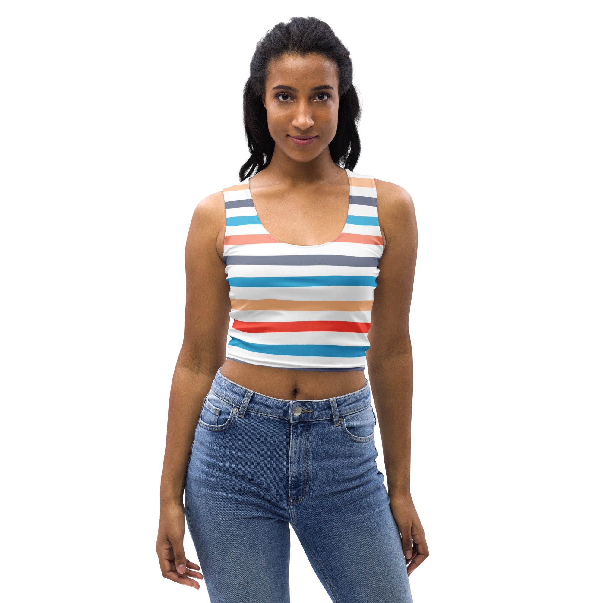 Women’s retro sunset stripes buttery soft crop top with colorful white blue red and gray horizontal stripes
