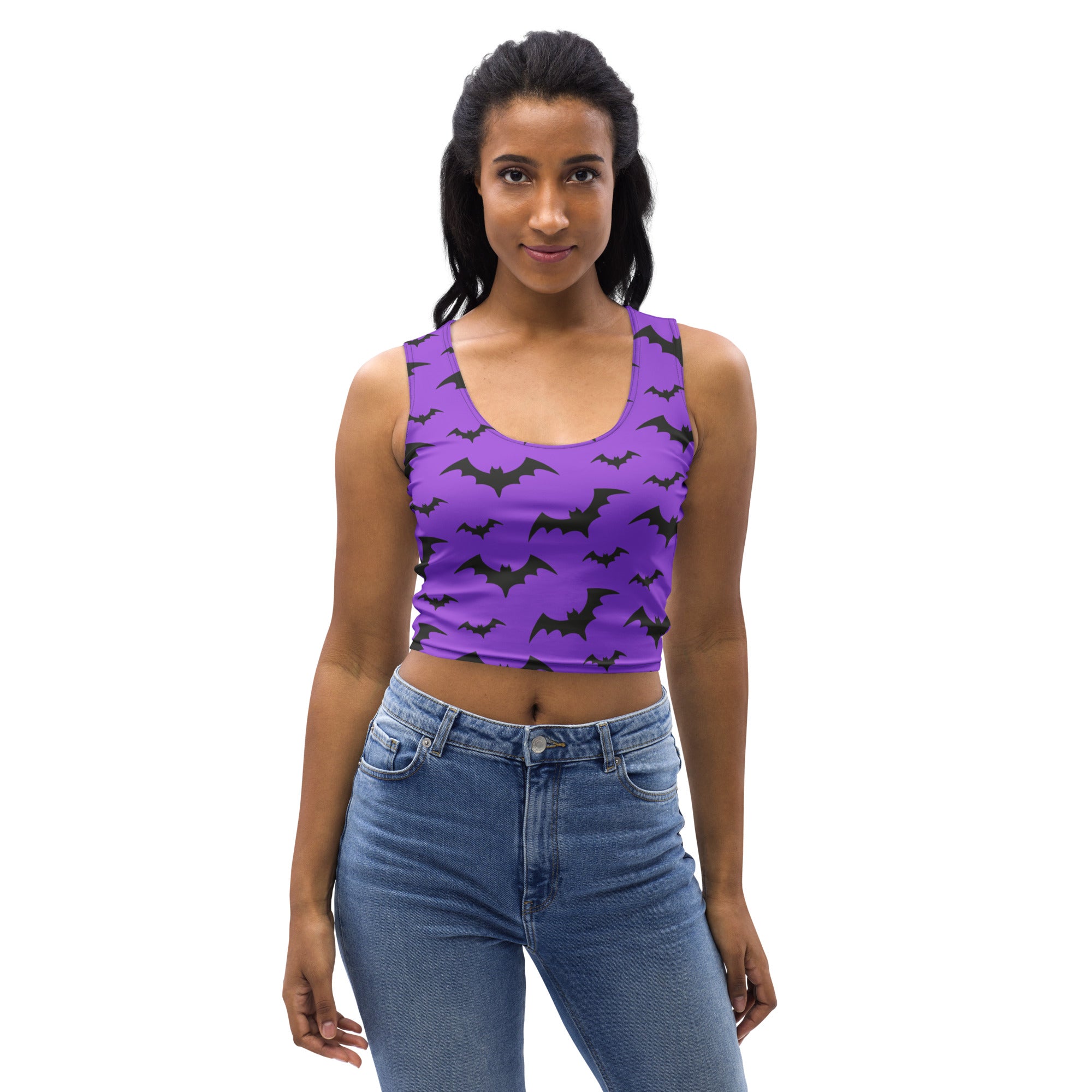 Women’s purple buttery soft crop top with bat pattern perfect for halloween costume or casual wear