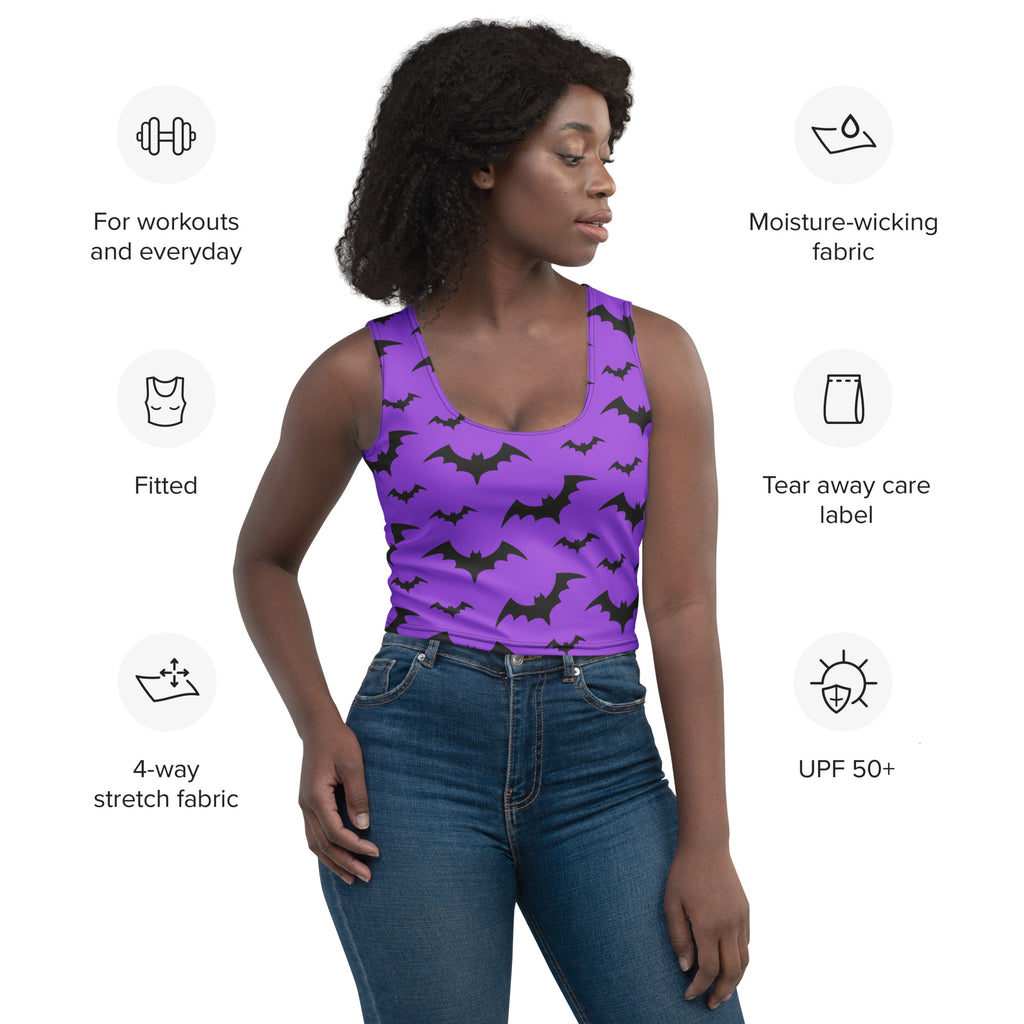 Women’s purple buttery soft crop top with black bat prints perfect for halloween wear