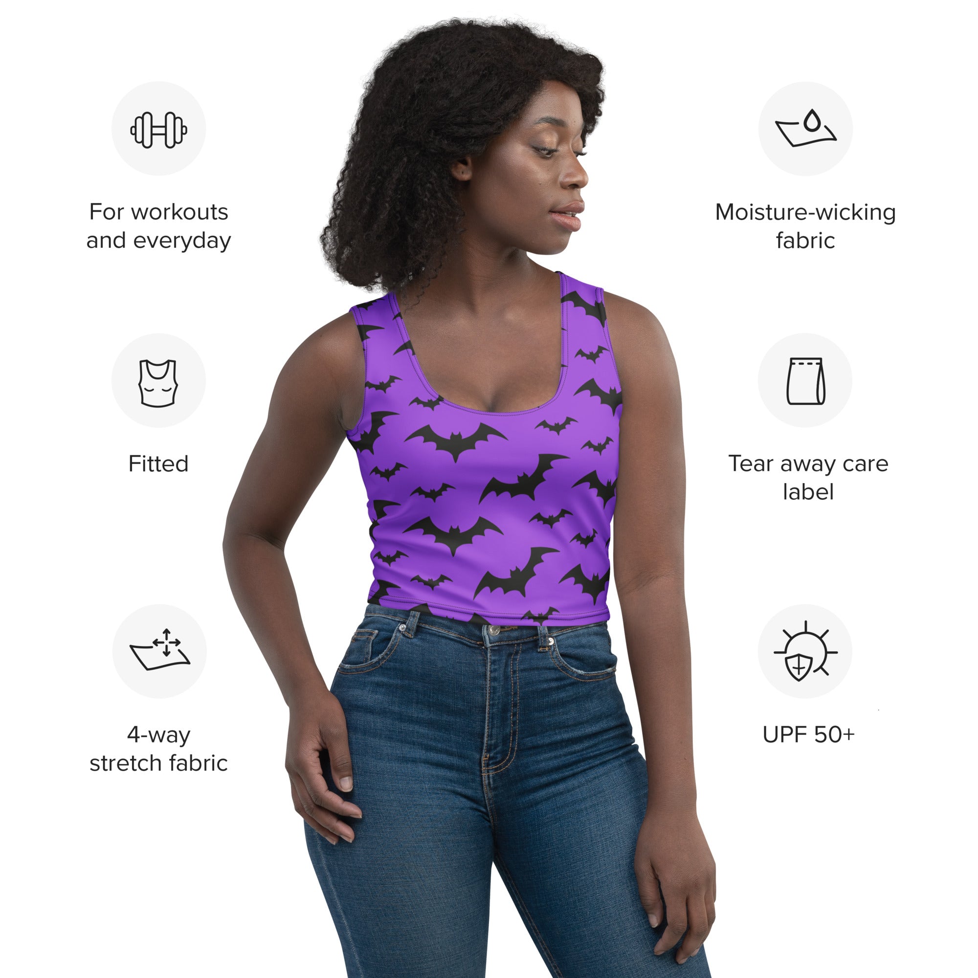 Women’s purple buttery soft crop top with black bat prints perfect for halloween wear