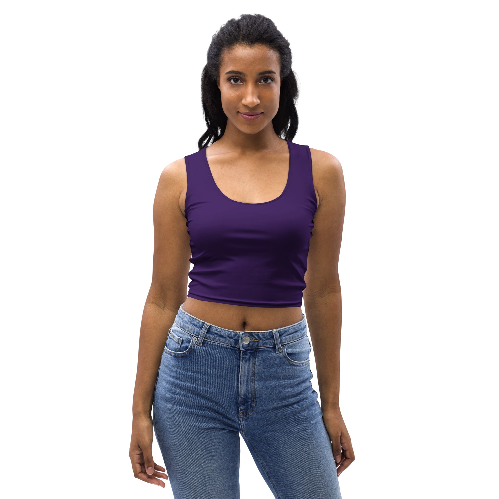 Women’s dark purple buttery soft crop top featuring a fitted silhouette and scoop neckline in purple fabric