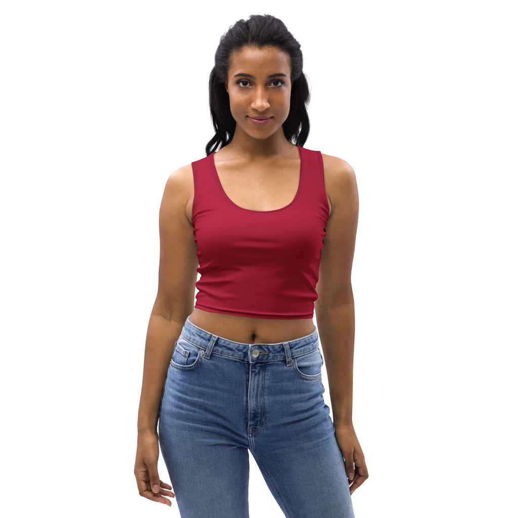 Women’s dark red buttery soft fitted crop top with scoop neckline and thin straps in solid color