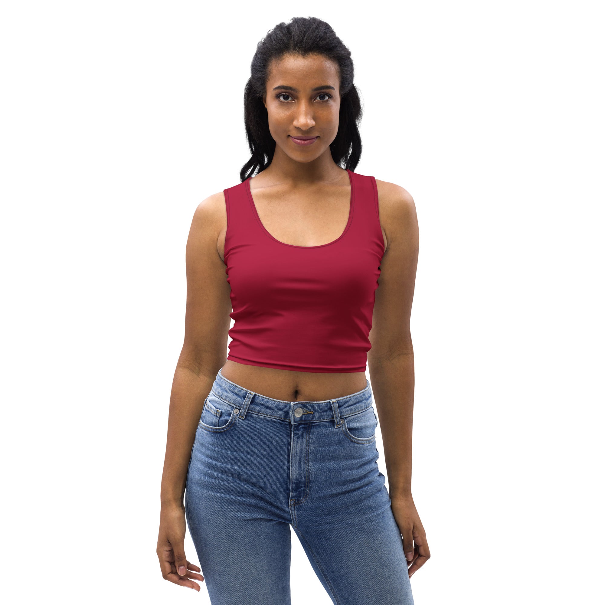 Women’s dark red buttery soft fitted crop top with scoop neckline and thin straps in solid color