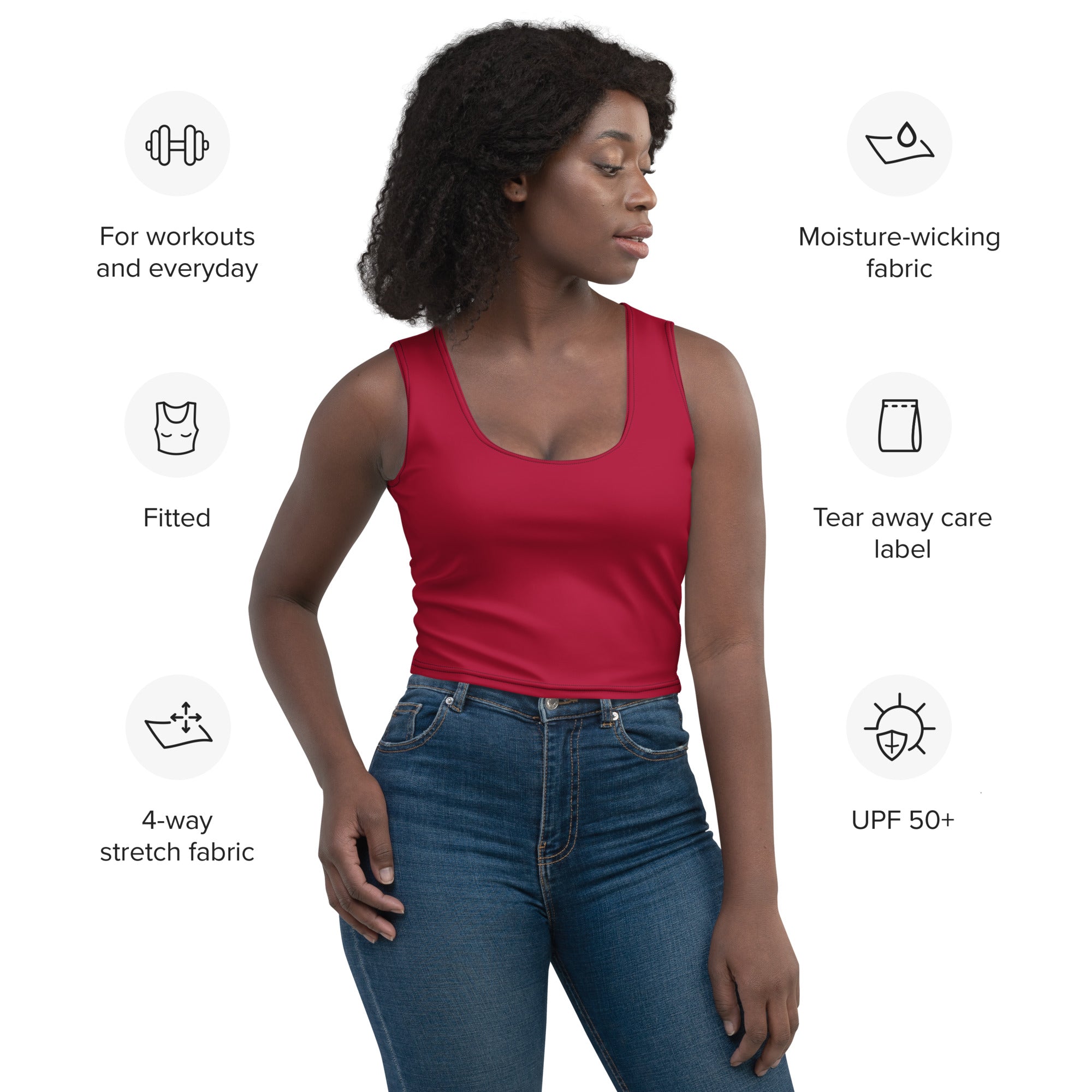 Women’s dark red buttery soft crop top in moisture-wicking 4-way stretch fabric with a fitted tank design