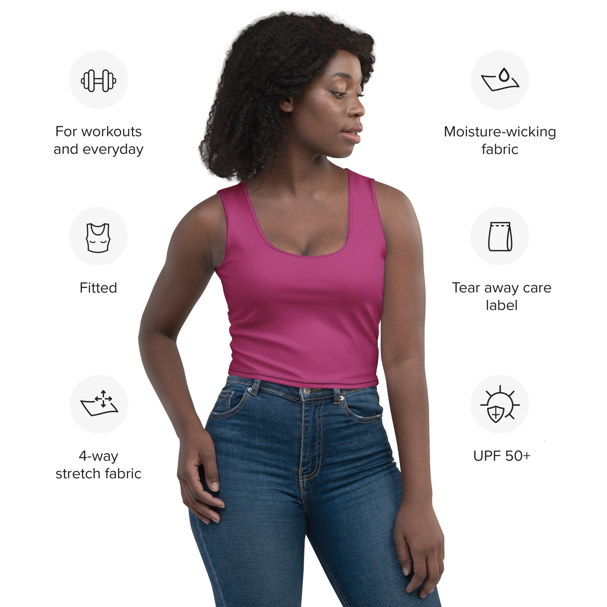 A vibrant deep pink fitted crop top made from buttery soft moisture-wicking 4-way stretch fabric