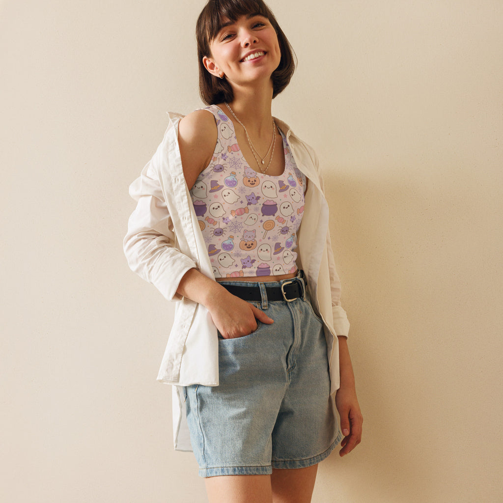 Women’s pastel halloween buttery soft crop top in lavender and white with cute ghost pumpkin and witch designs