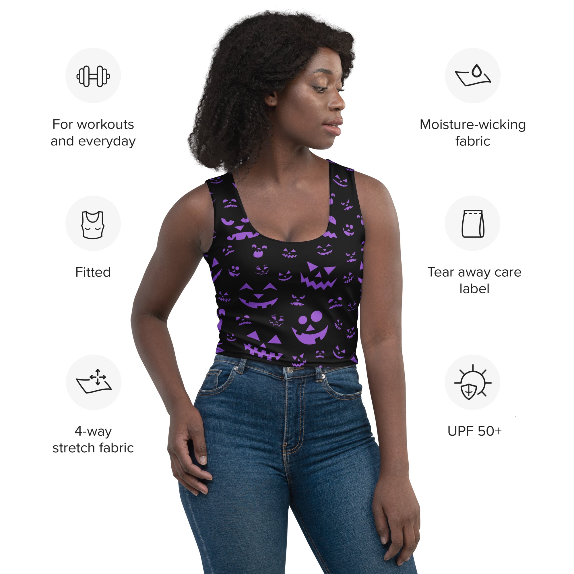 Women’s purple jack o lantern halloween fitted tank top with buttery soft fabric and playful jack o lantern print