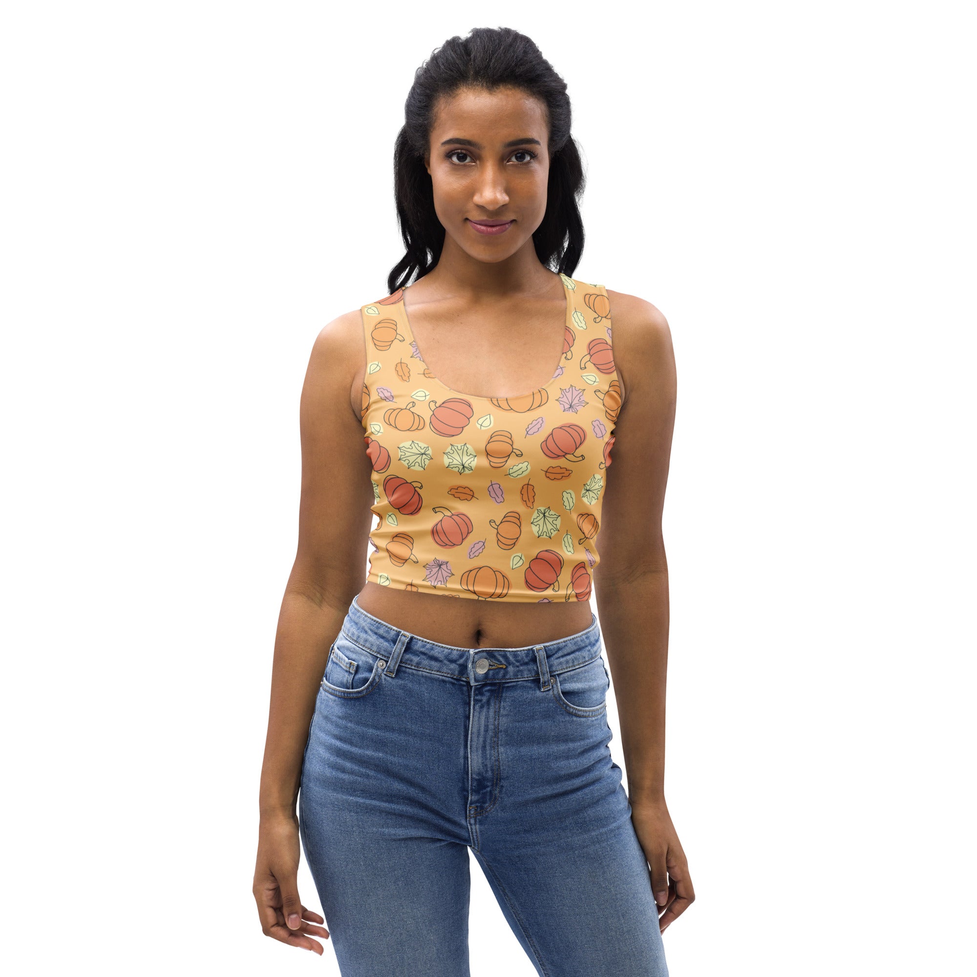 Women’s pumpkin patch autumn buttery soft mustard yellow cropped tank top with illustrated pumpkins and leaves pattern