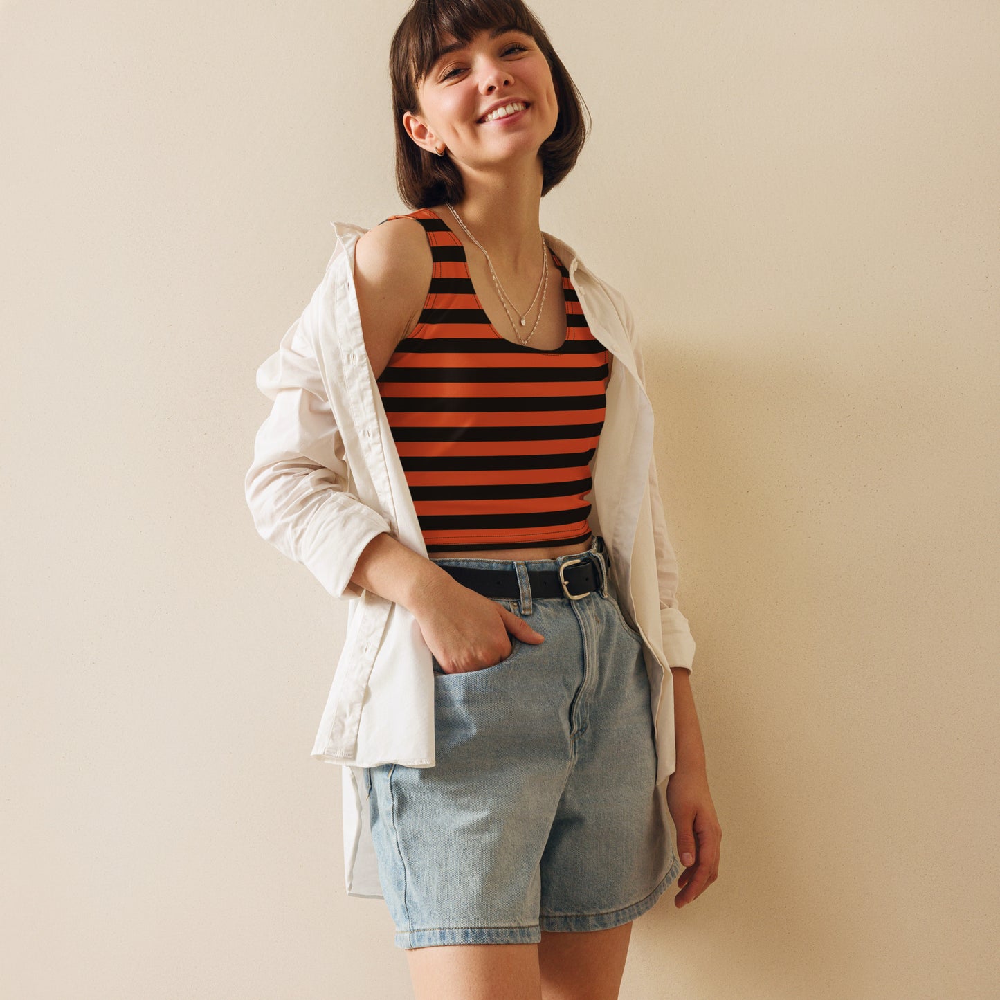 Women's Black & Orange Halloween Striped Buttery Soft Crop Top