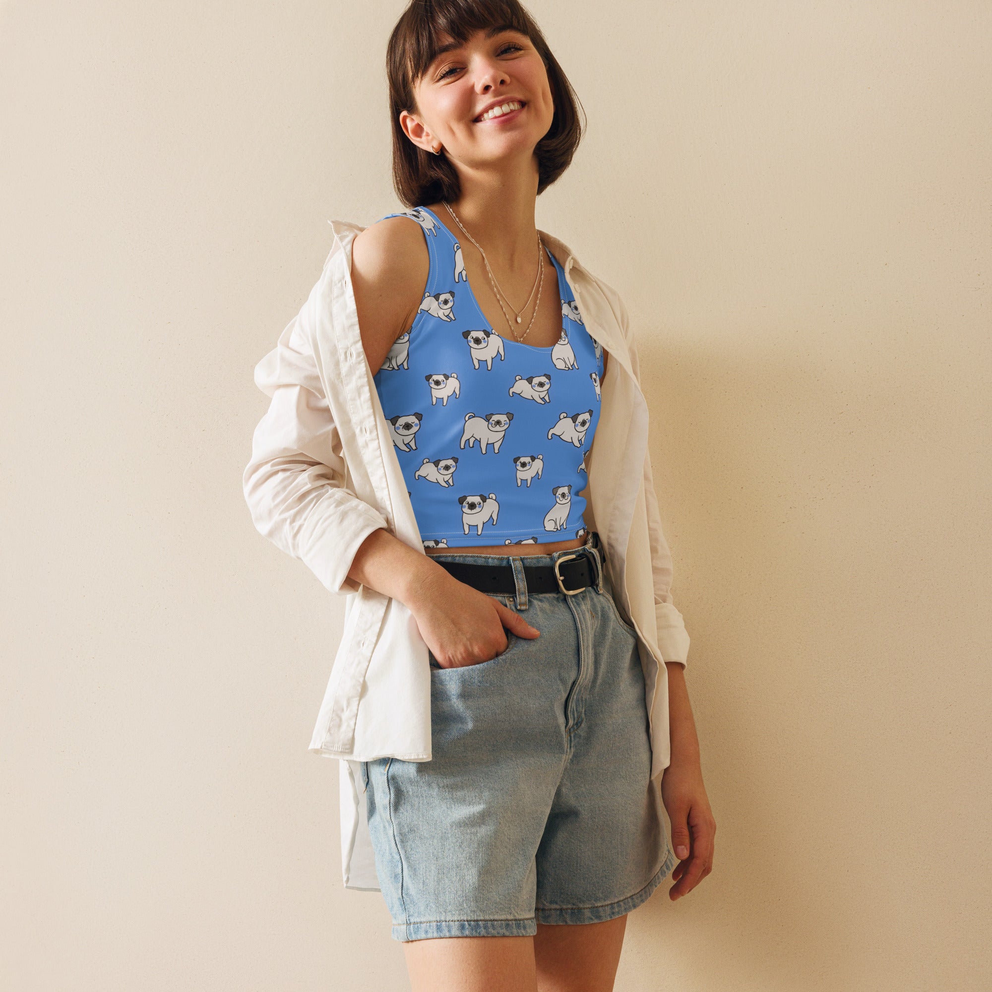 Women's Blue Pug Buttery Soft Crop Top