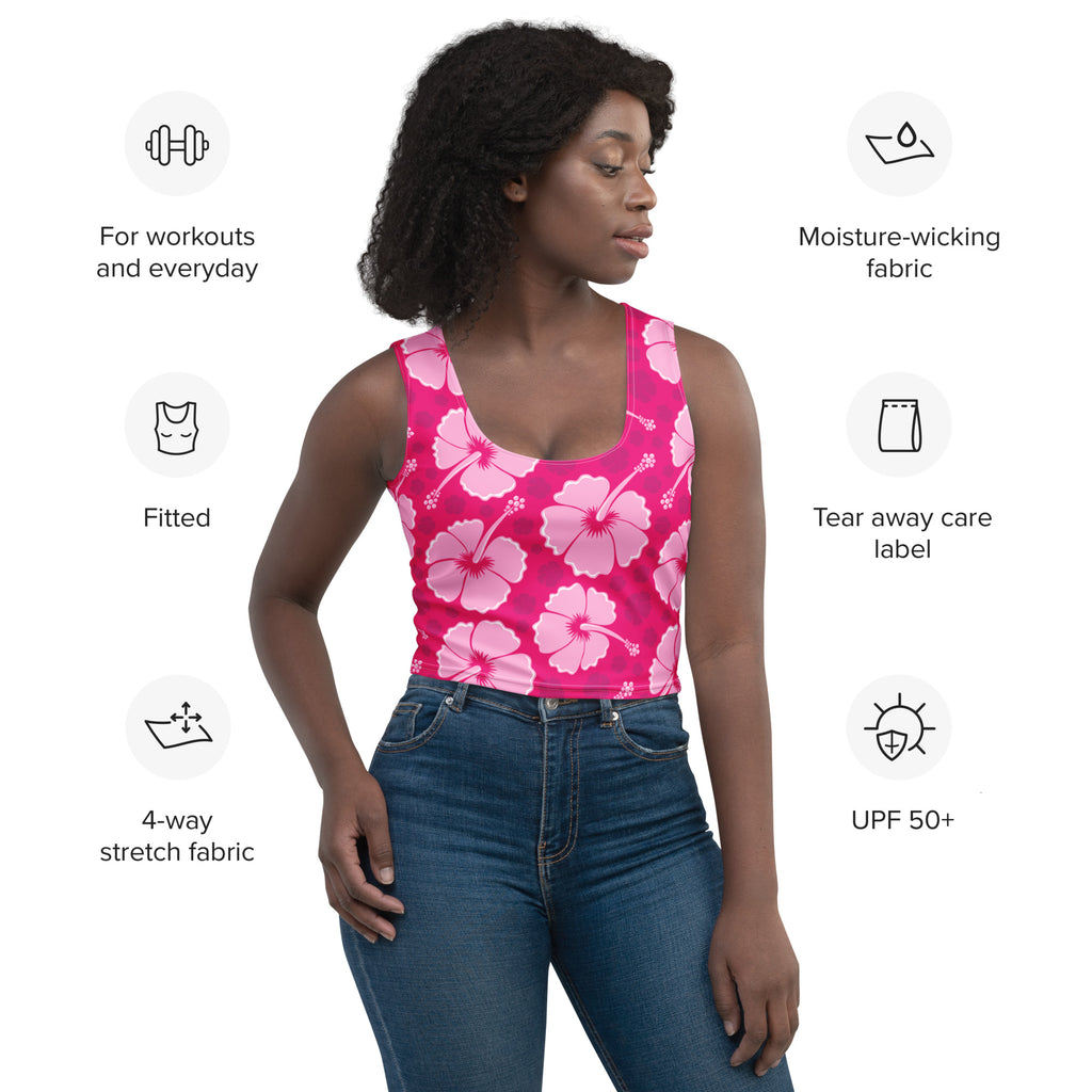 Women’s tropical pink hibiscus fitted crop top made from moisture-wicking 4-way stretch buttery soft fabric