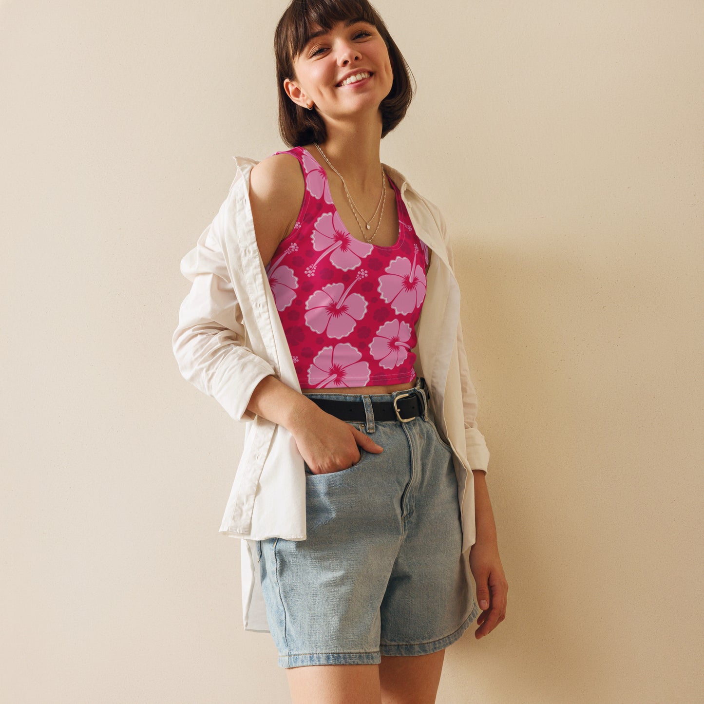 Women's Tropical Pink Hibiscus Buttery Soft Crop Top